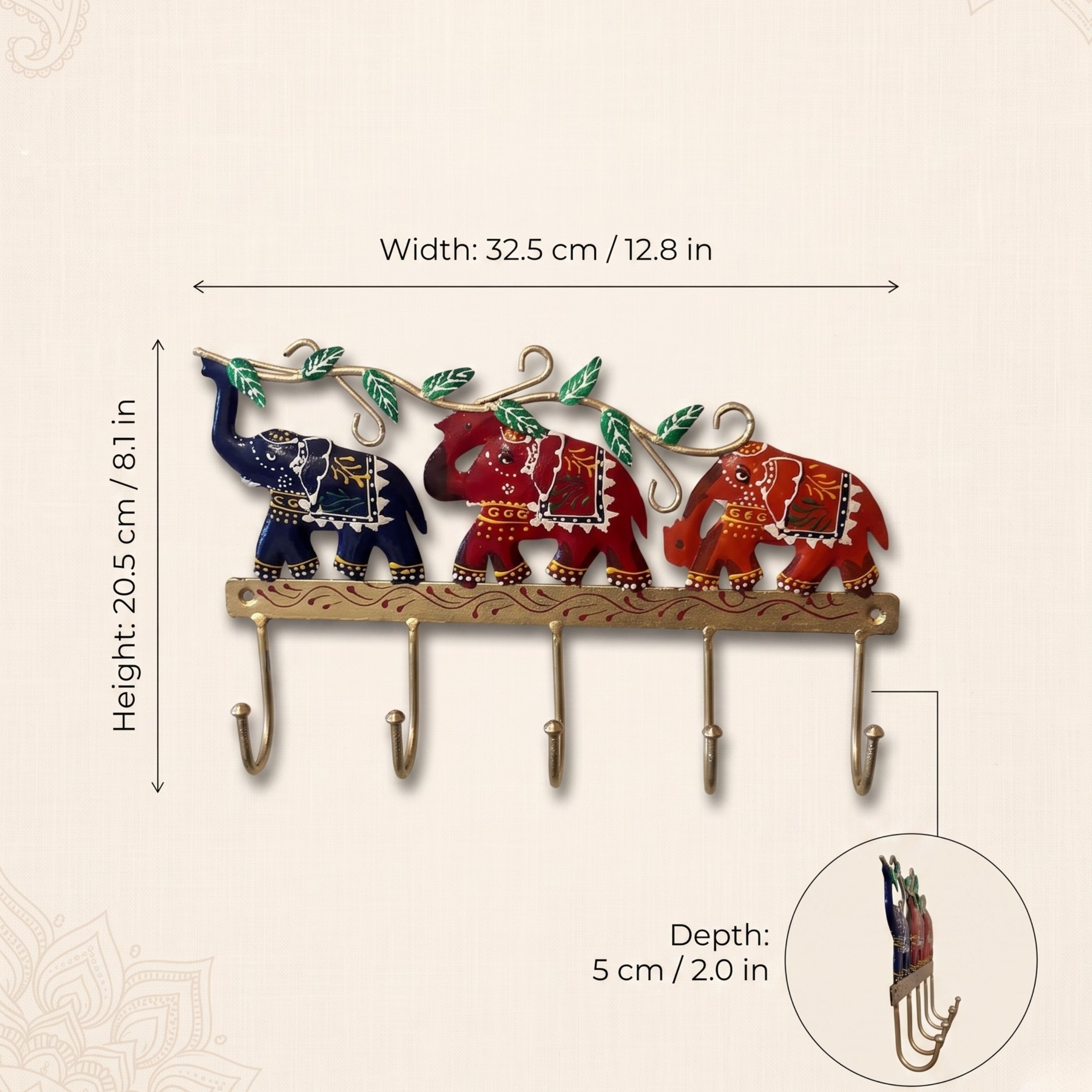 Handcrafted 3 Elephant Key Holder – Colorful Metal Wall Hook for Entryway Decor & Vastu Gifting | Gulabi Craft