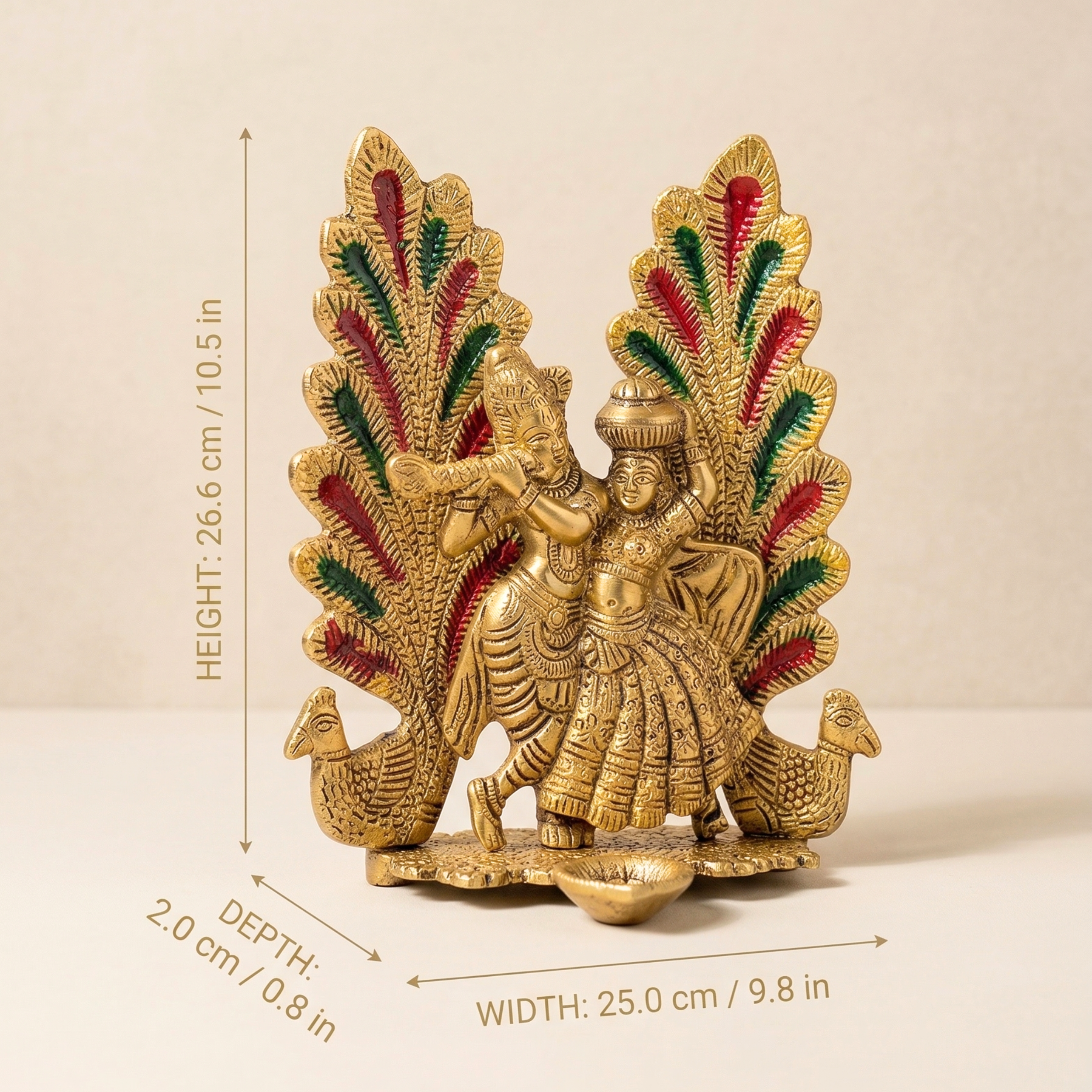 Gulabi Craft Handcrafted Mor Pankh Radha Krishna Idol with Diya – Antique Gold Metal Decor Premium Gift Item