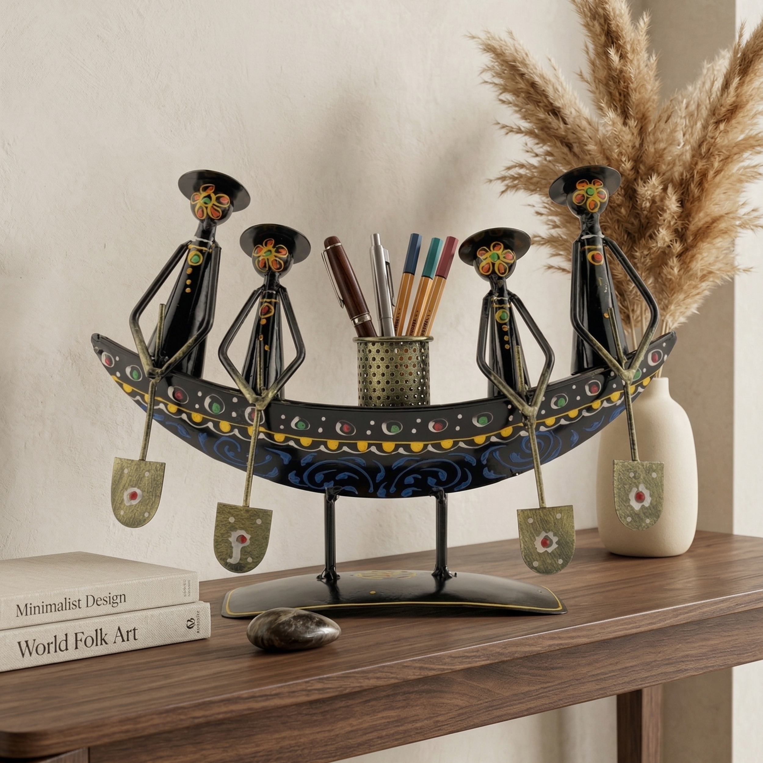 Handcrafted Metal Boat Pan Stand with Candle Holder – Tribal Ethnic Home Decor