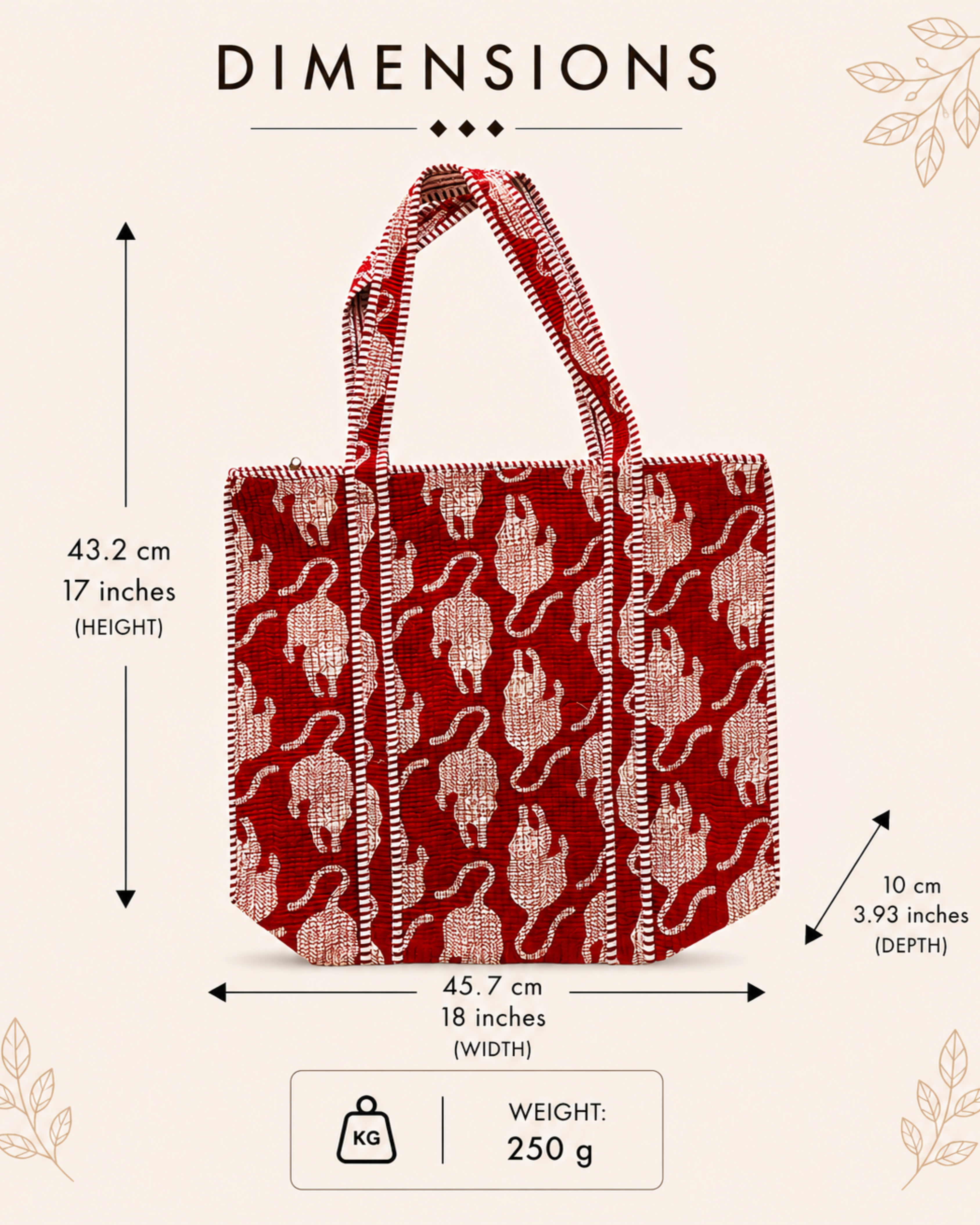 Crimson Red Stylized Tiger Print Handcrafted Quilted Canvas Tote Bag with Inner Pocket for Travel | Gulabi Craft