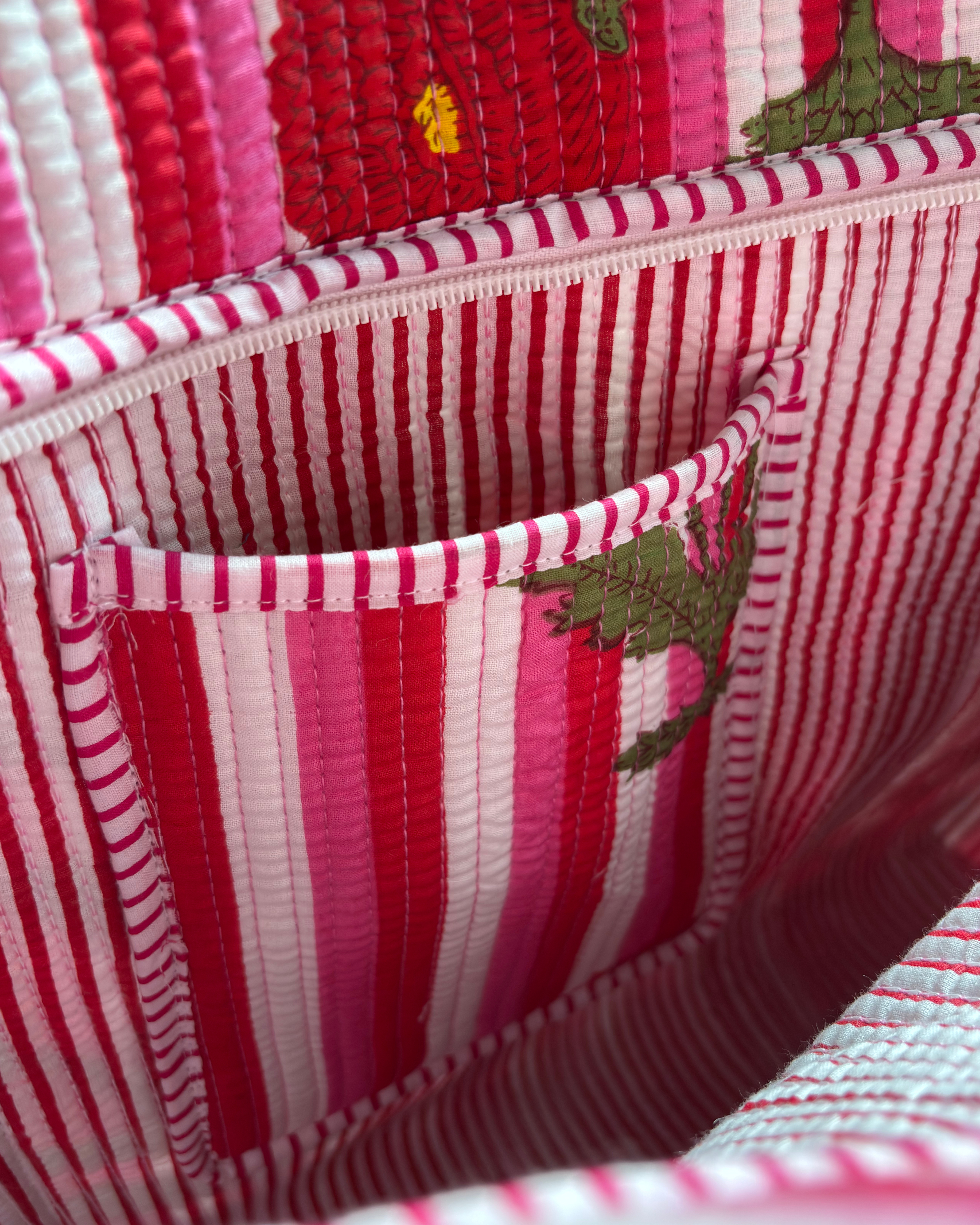Pink Candy Stripe Red Poppy Quilted Canvas Tote Bag | Handcrafted Cotton Shoulder Bag with Inner Pocket | Gulabi Craft