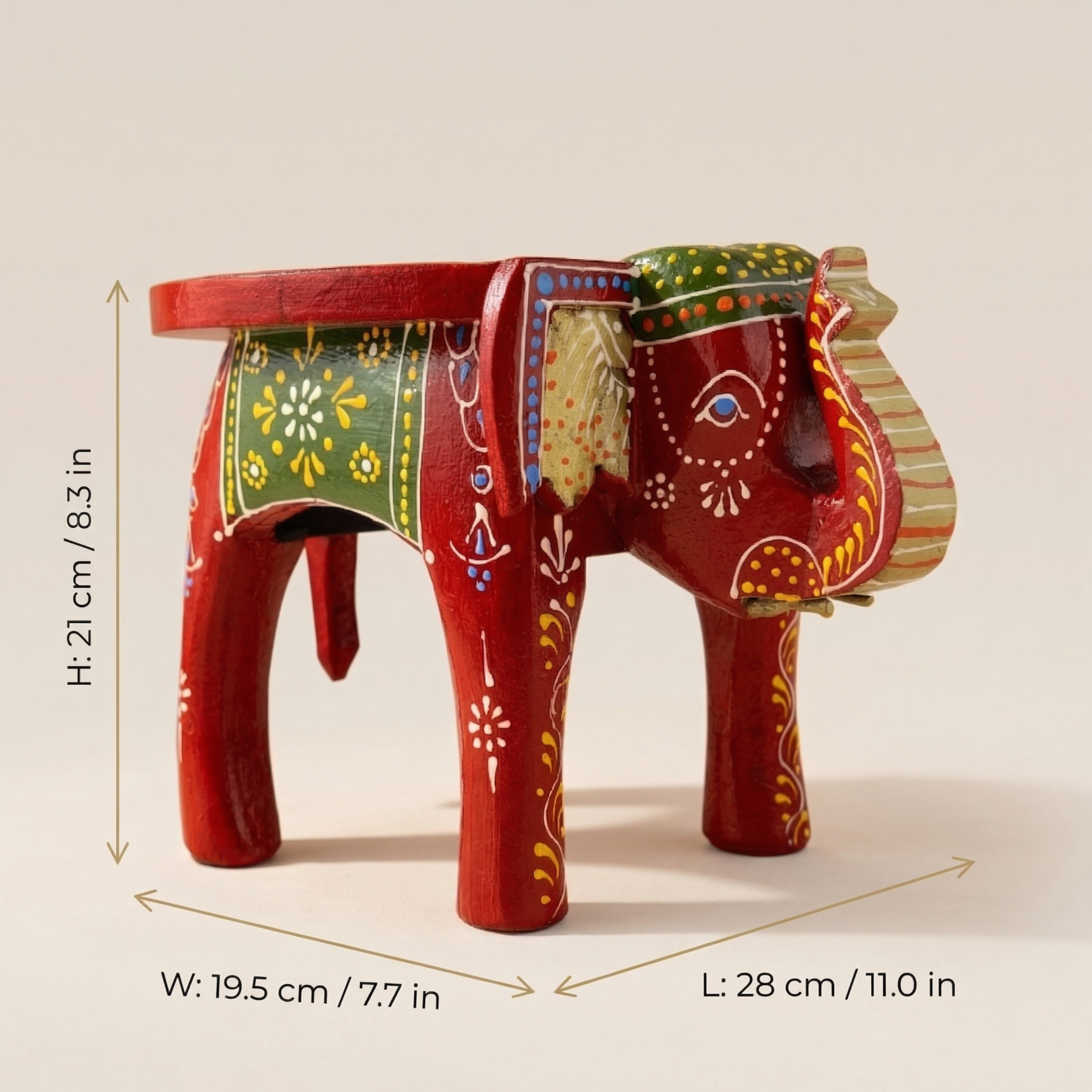 Gulabi Craft Premium Red Wooden Elephant Stool (8-Inch) – Hand-Painted Traditional Accent Table & Home Decor