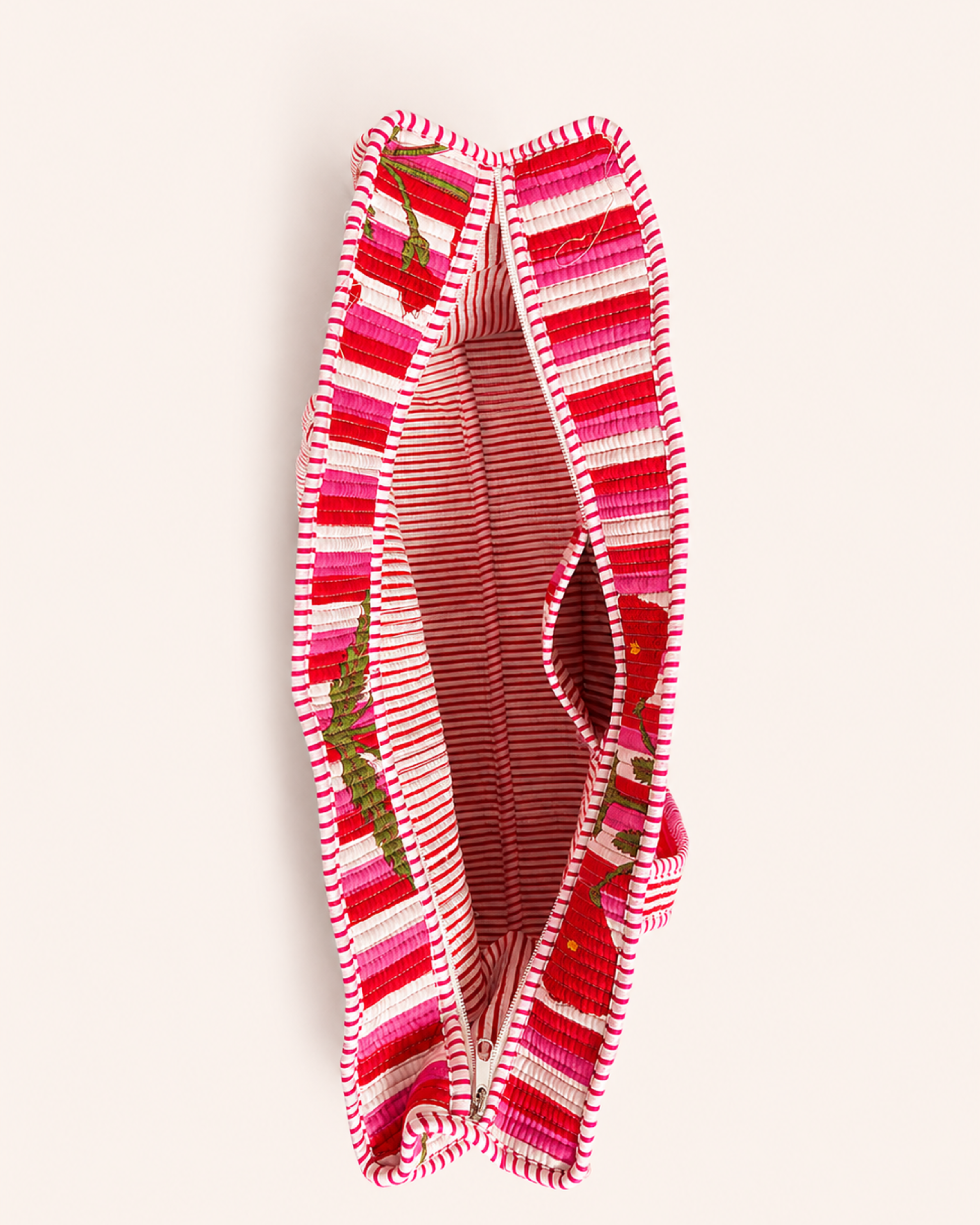 Pink Candy Stripe Red Poppy Quilted Canvas Tote Bag | Handcrafted Cotton Shoulder Bag with Inner Pocket | Gulabi Craft