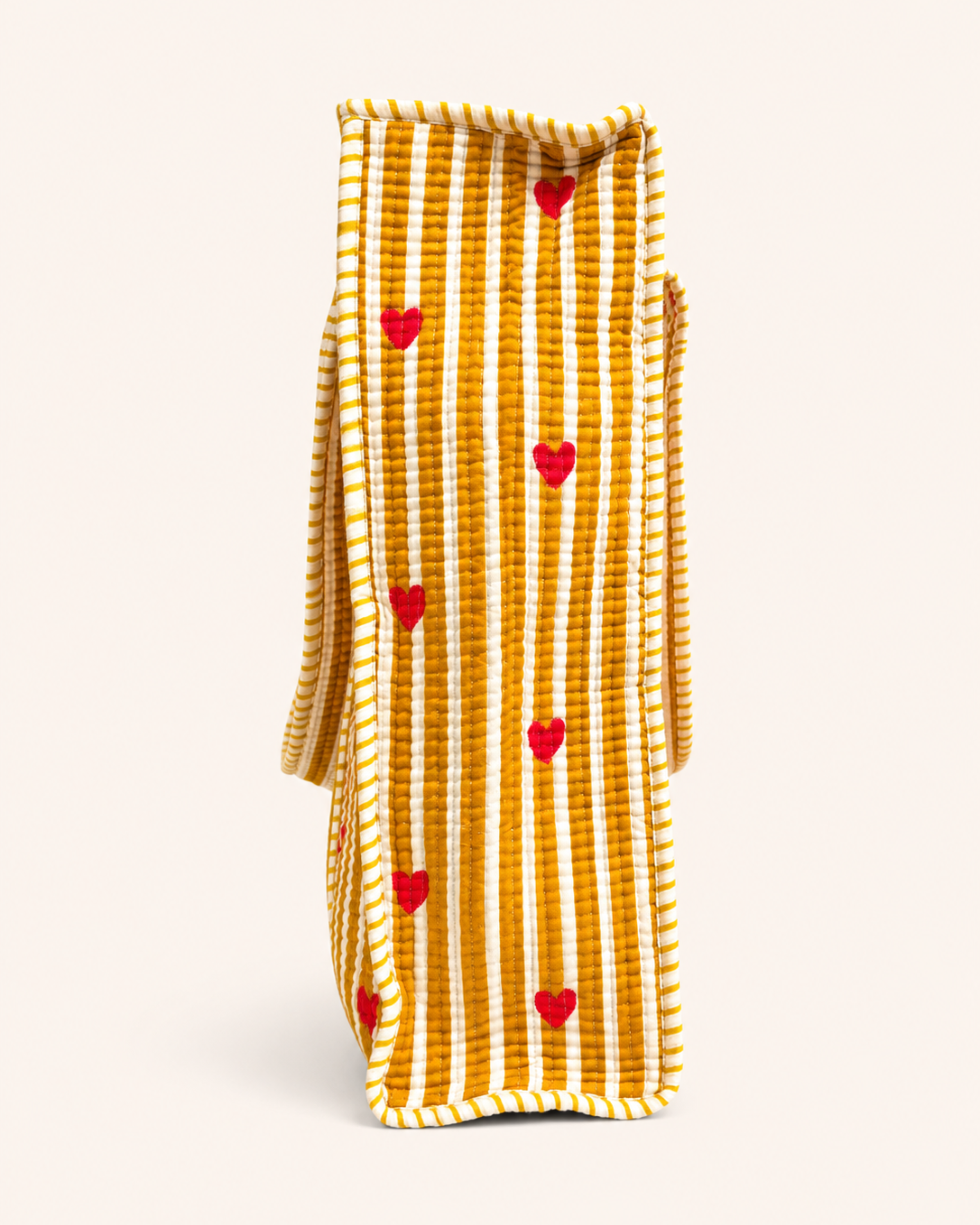 Mustard Yellow Stripe Red Heart Quilted Canvas Tote Bag | Handcrafted Cotton Shoulder Bag with Inner Pocket | Gulabi Craft