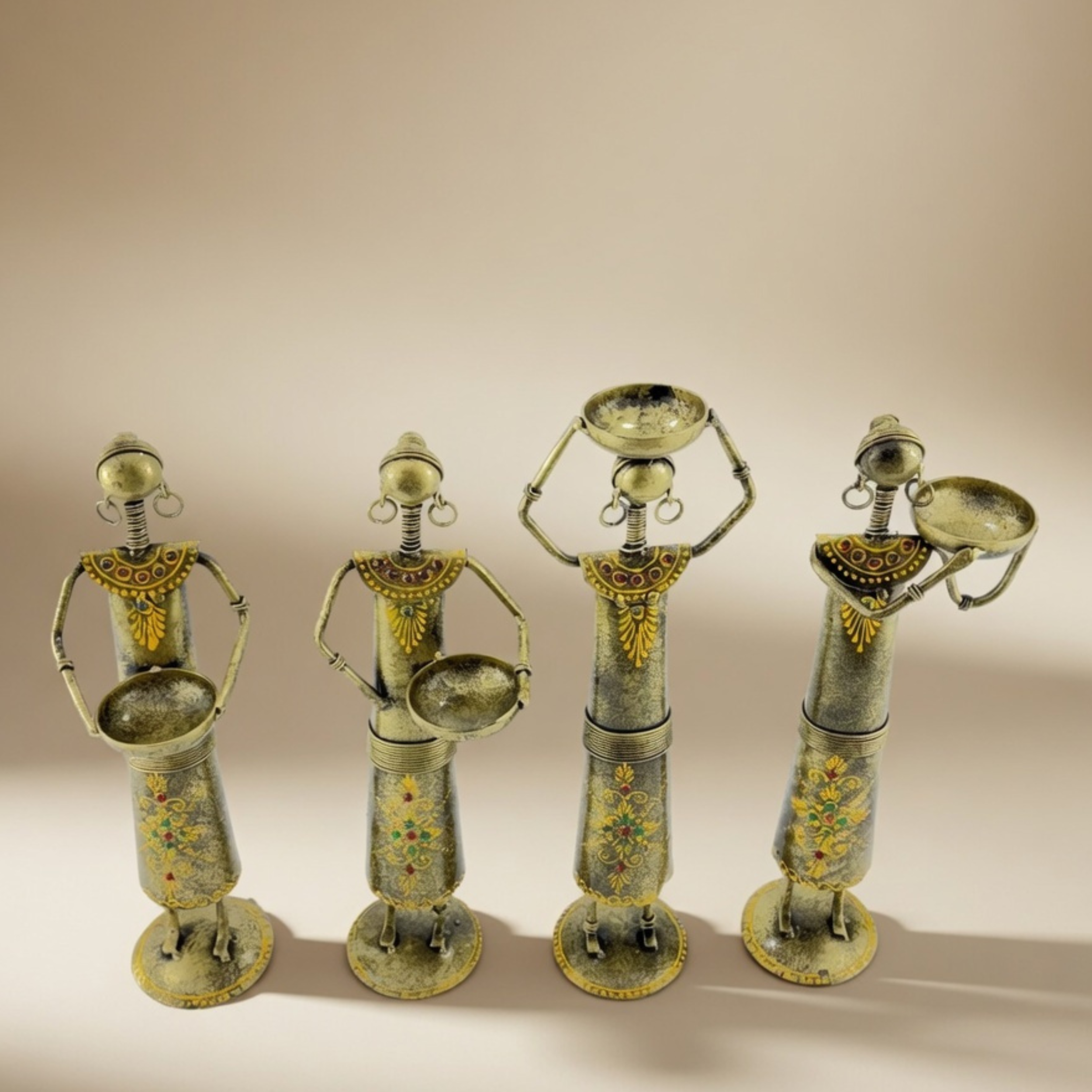 Handcrafted Labour Lady Showpiece Set of 4 – Vintage Metal Tribal Home Decor Table Figurines | Gulabi Craft