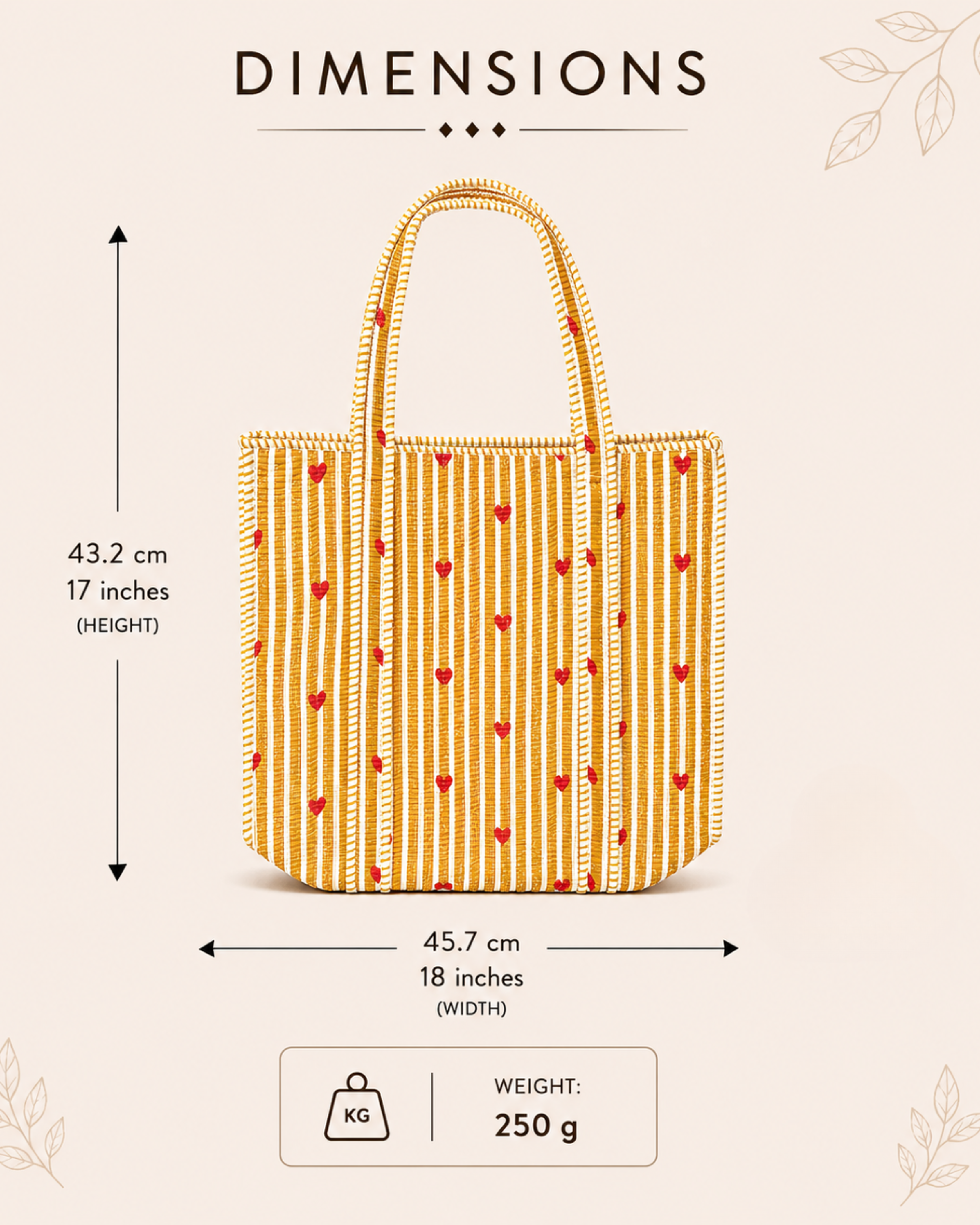 Mustard Yellow Stripe Red Heart Quilted Canvas Tote Bag | Handcrafted Cotton Shoulder Bag with Inner Pocket | Gulabi Craft
