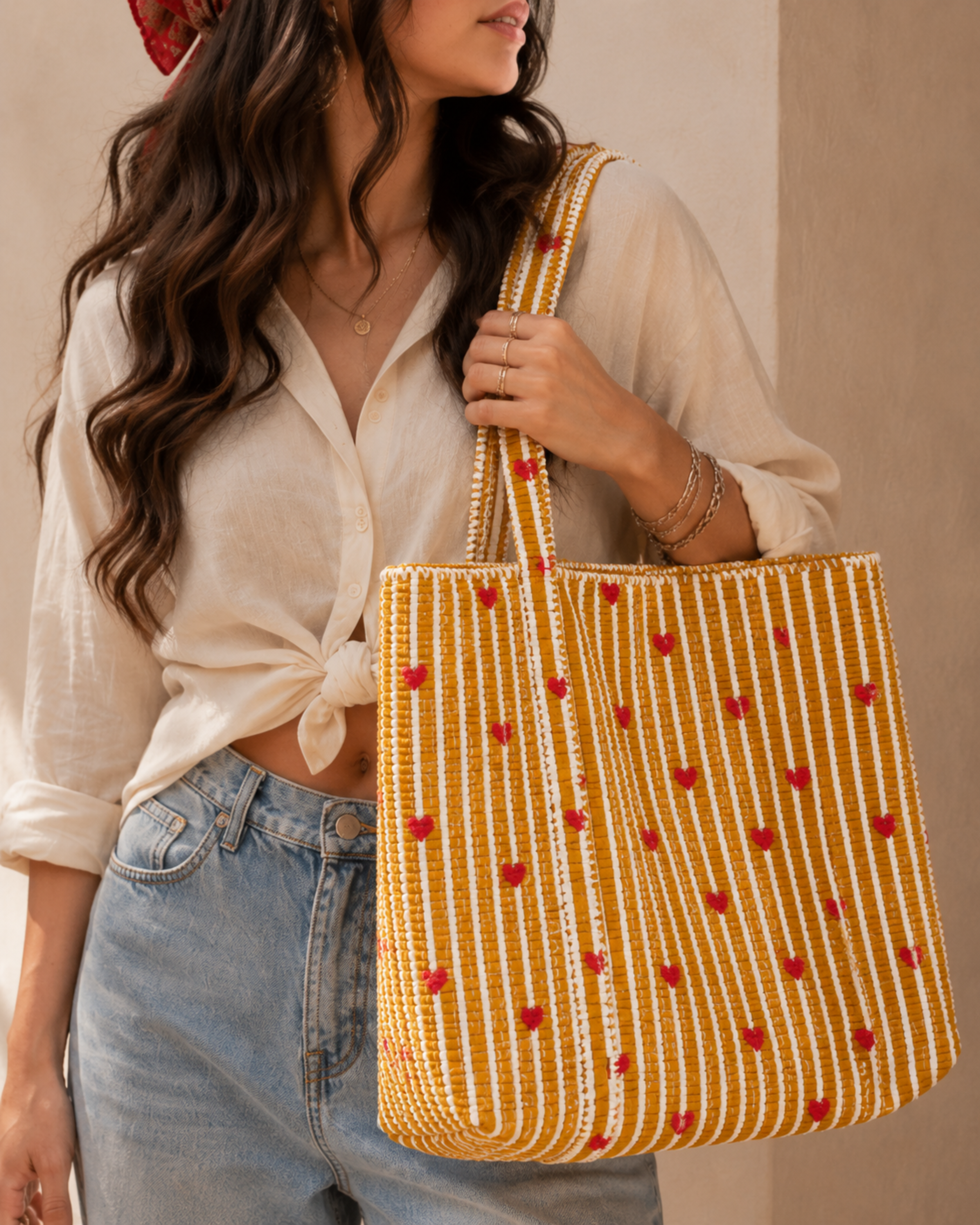 Mustard Yellow Stripe Red Heart Quilted Canvas Tote Bag | Handcrafted Cotton Shoulder Bag with Inner Pocket | Gulabi Craft
