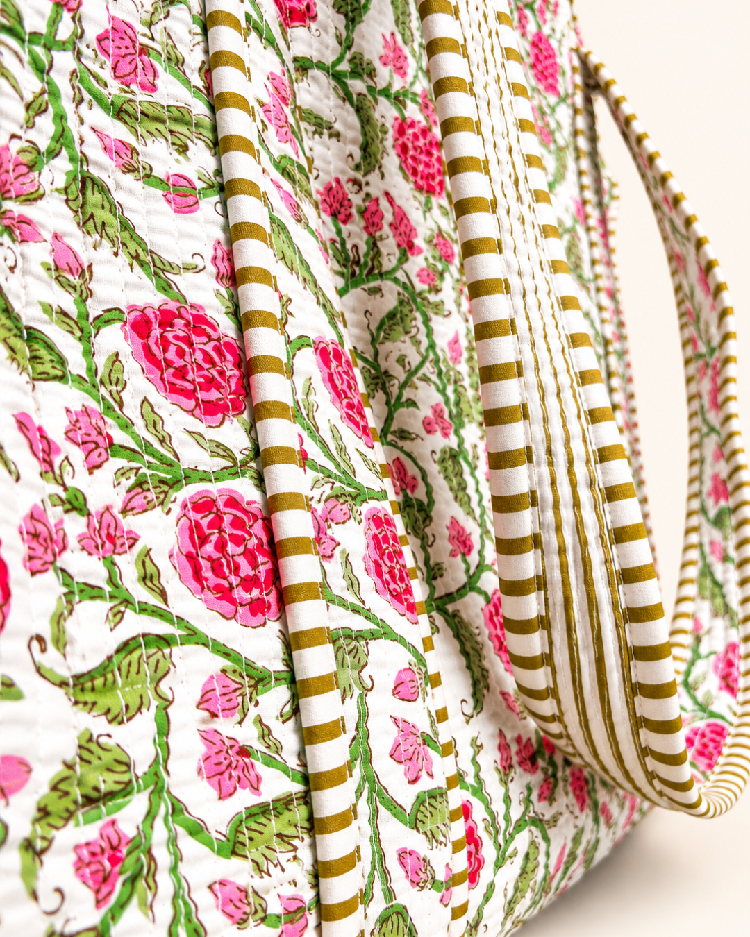 Olive Green Vintage Floral Quilted Canvas Tote Bag | Handcrafted Cotton Shoulder Bag with Inner Pocket | Gulabi Craft