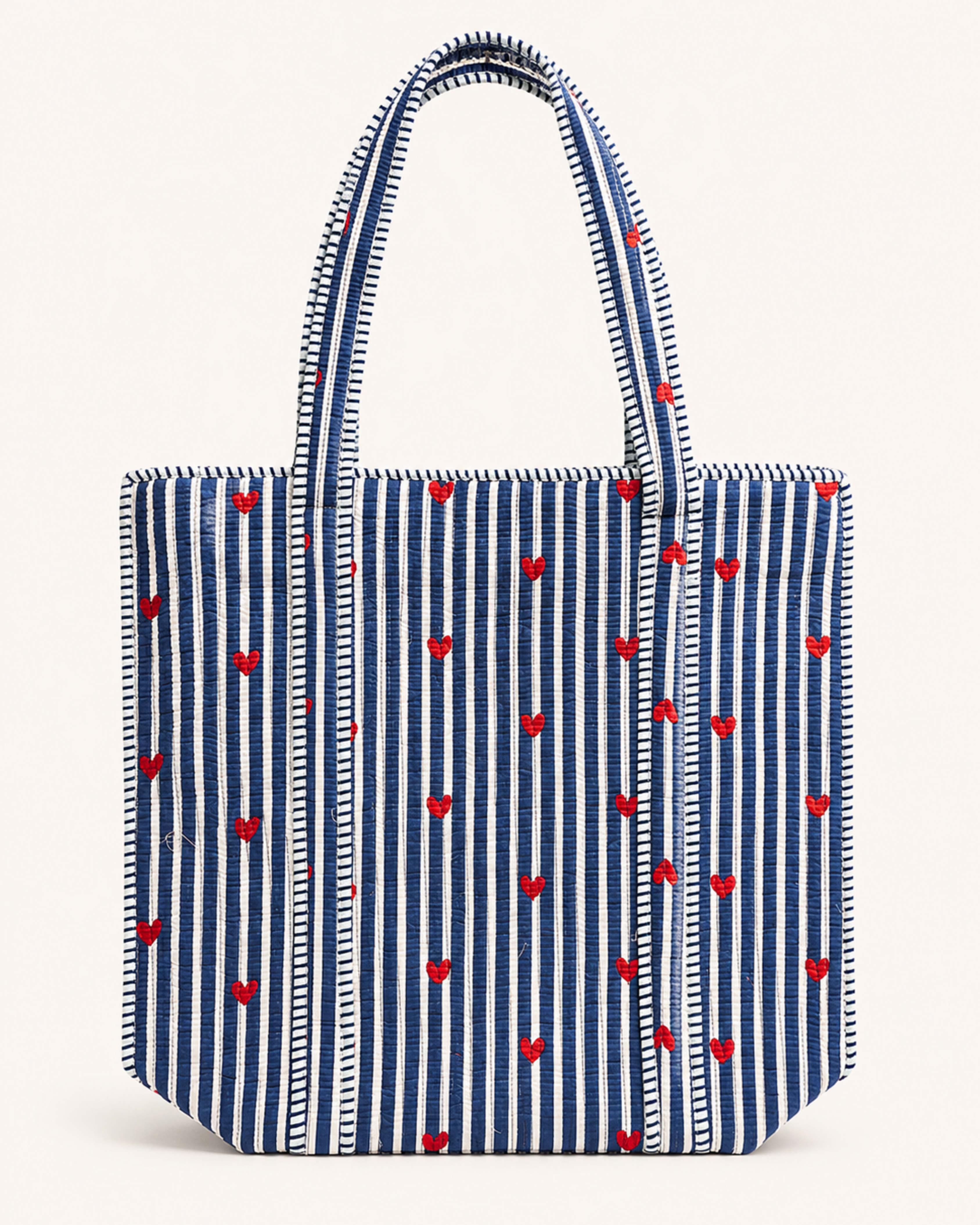 Navy Blue Stripe Red Heart Quilted Canvas Tote Bag | Handcrafted Cotton Shoulder Bag with Inner Pocket | Gulabi Craft