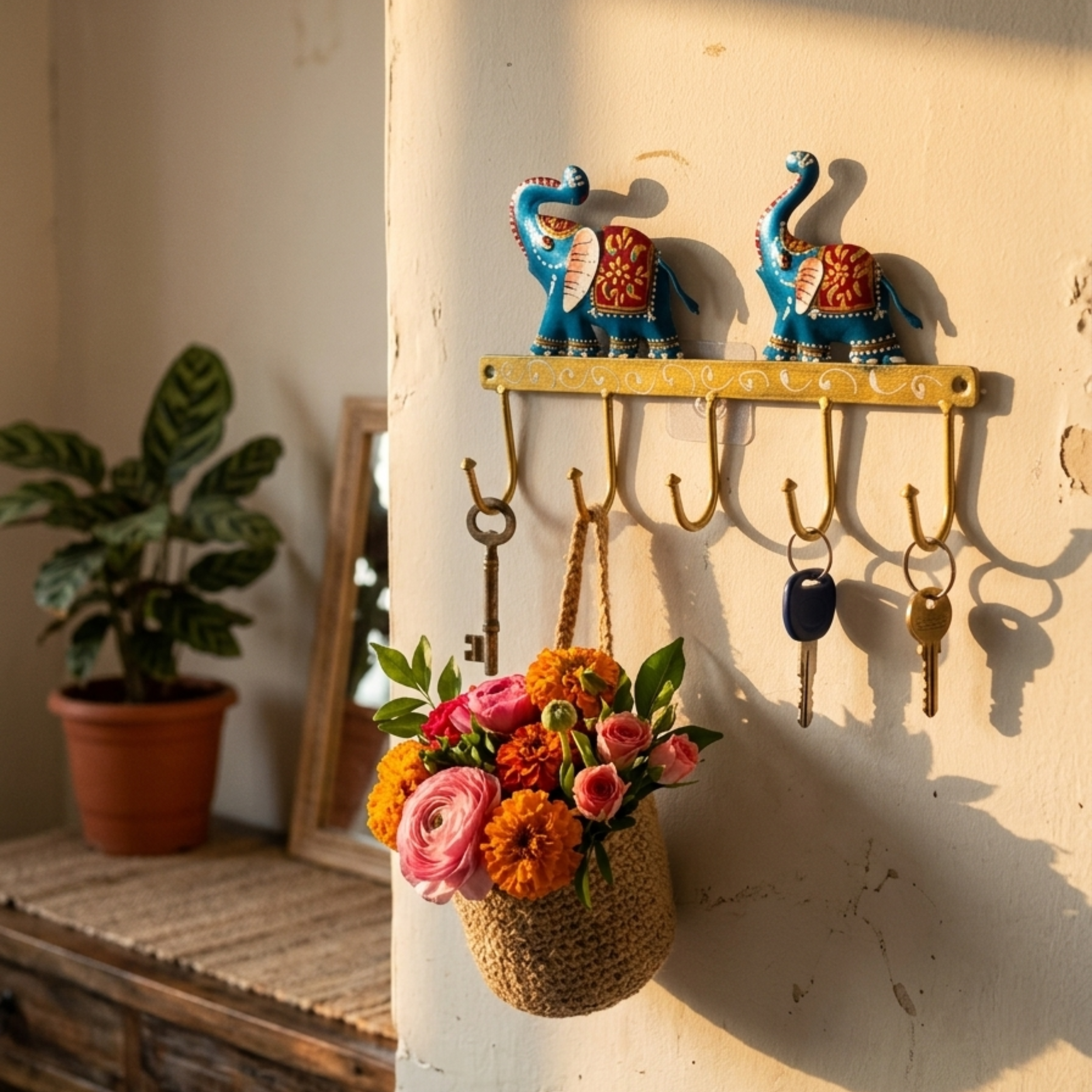 Gulabi Craft Handcrafted Blue Elephant Key Holder – Royal Metal Wall Hook for Entryway Decor & Premium Gifting