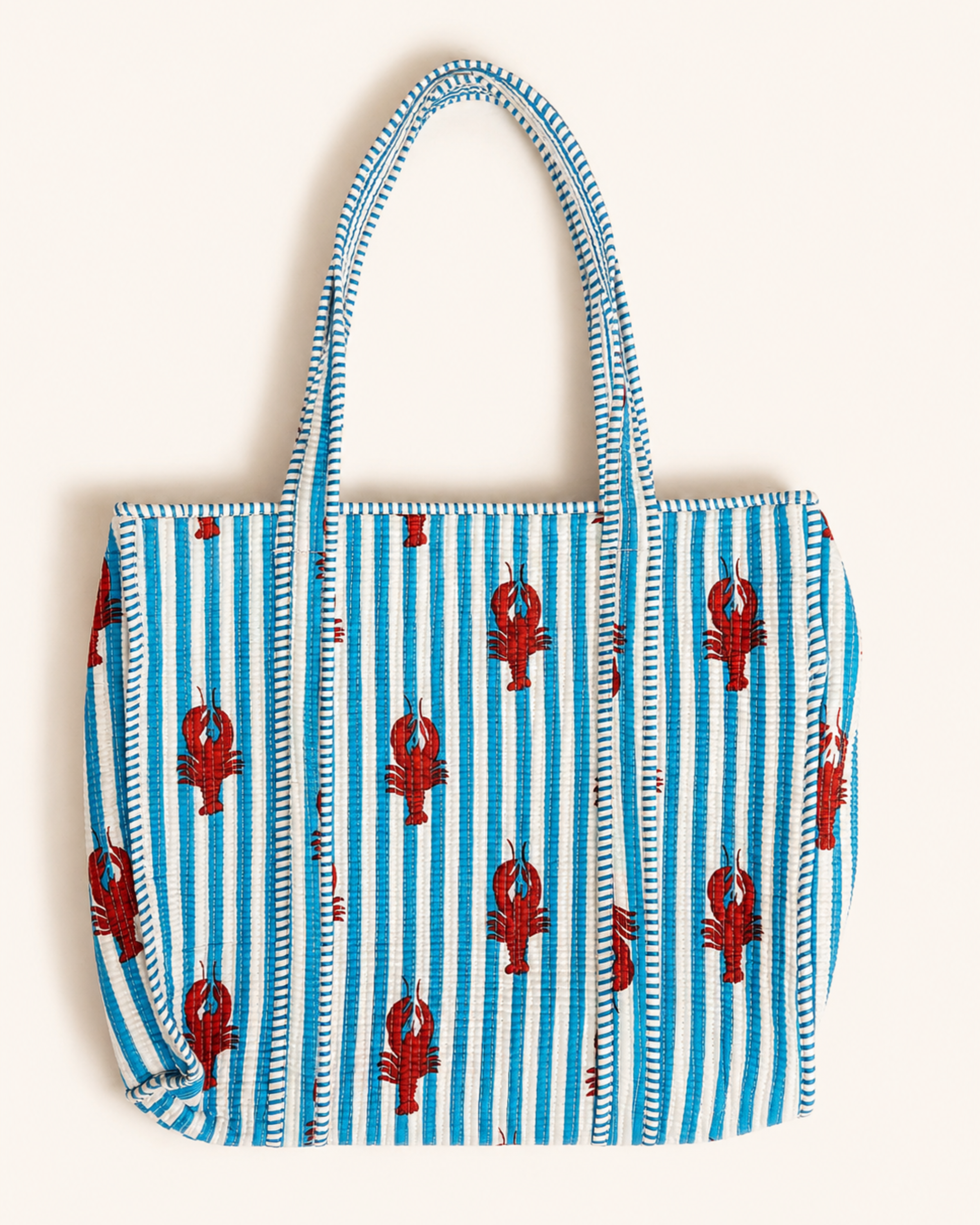 Ocean Blue Striped Red Lobster Quilted Canvas Tote Bag | Handcrafted Cotton Shoulder Bag for Travel & Shopping | Gulabi Craft