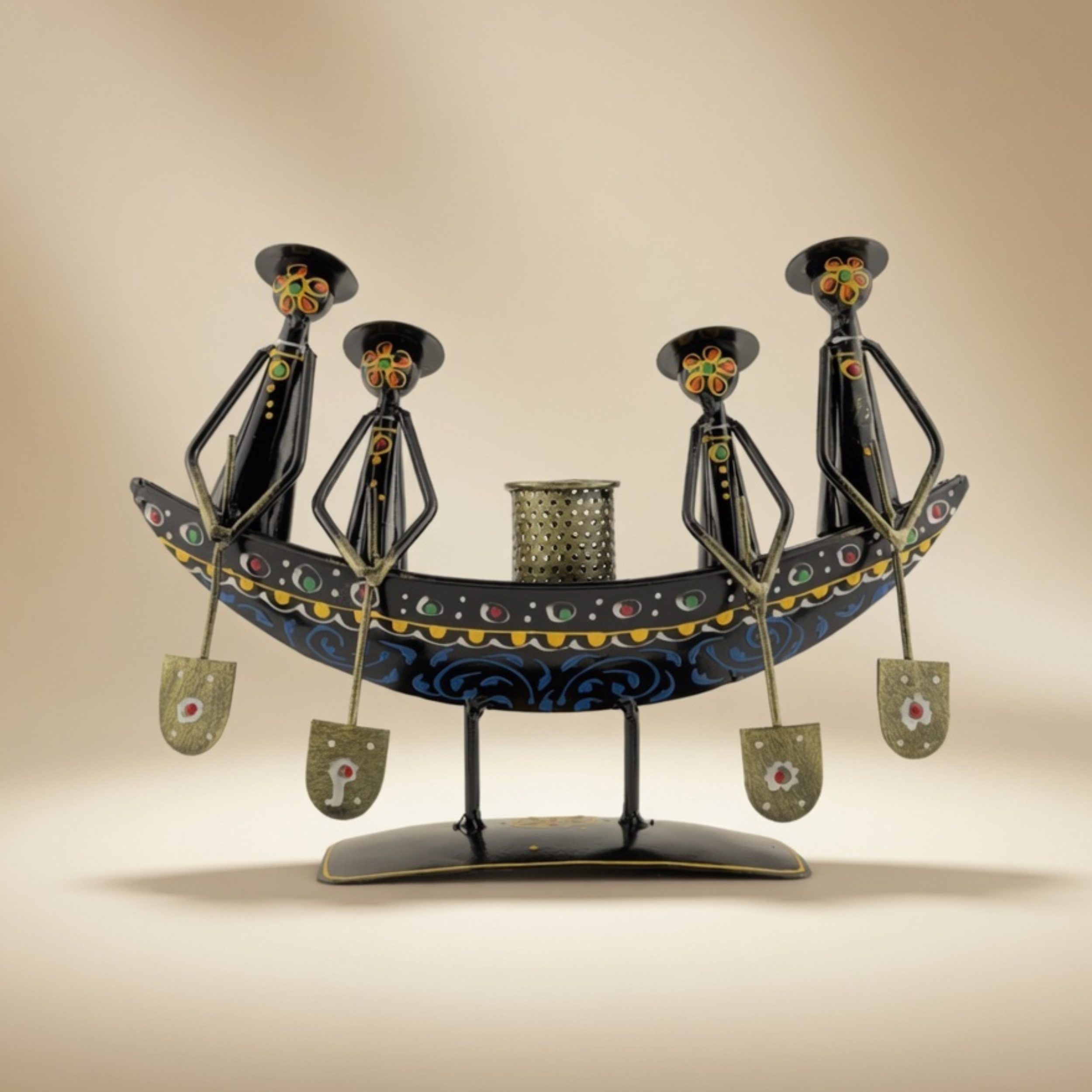 Handcrafted Metal Boat Pan Stand with Candle Holder – Tribal Ethnic Home Decor