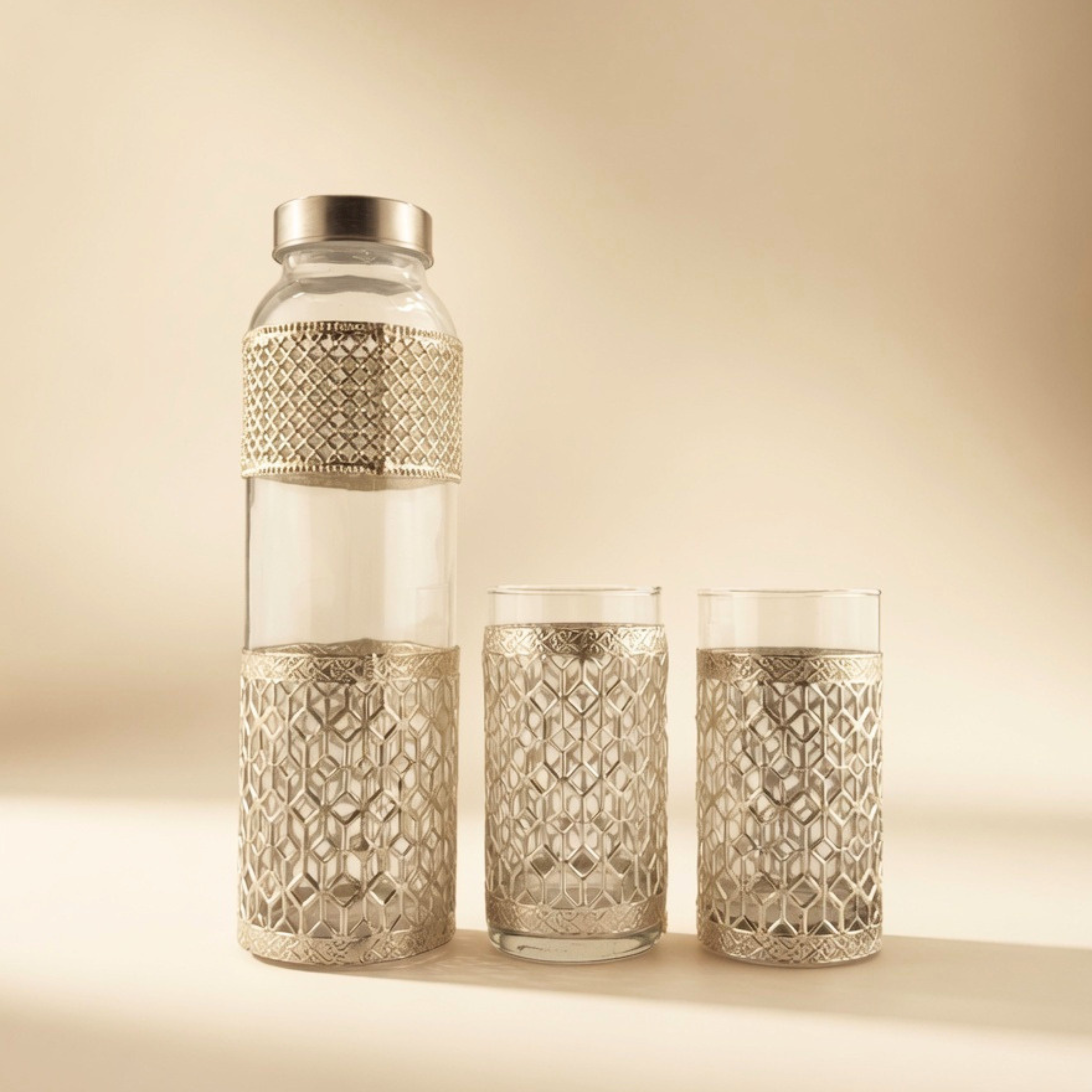 Luxury Glass Bottle & Tumbler Set | Premium Drinkware with Metal Holder