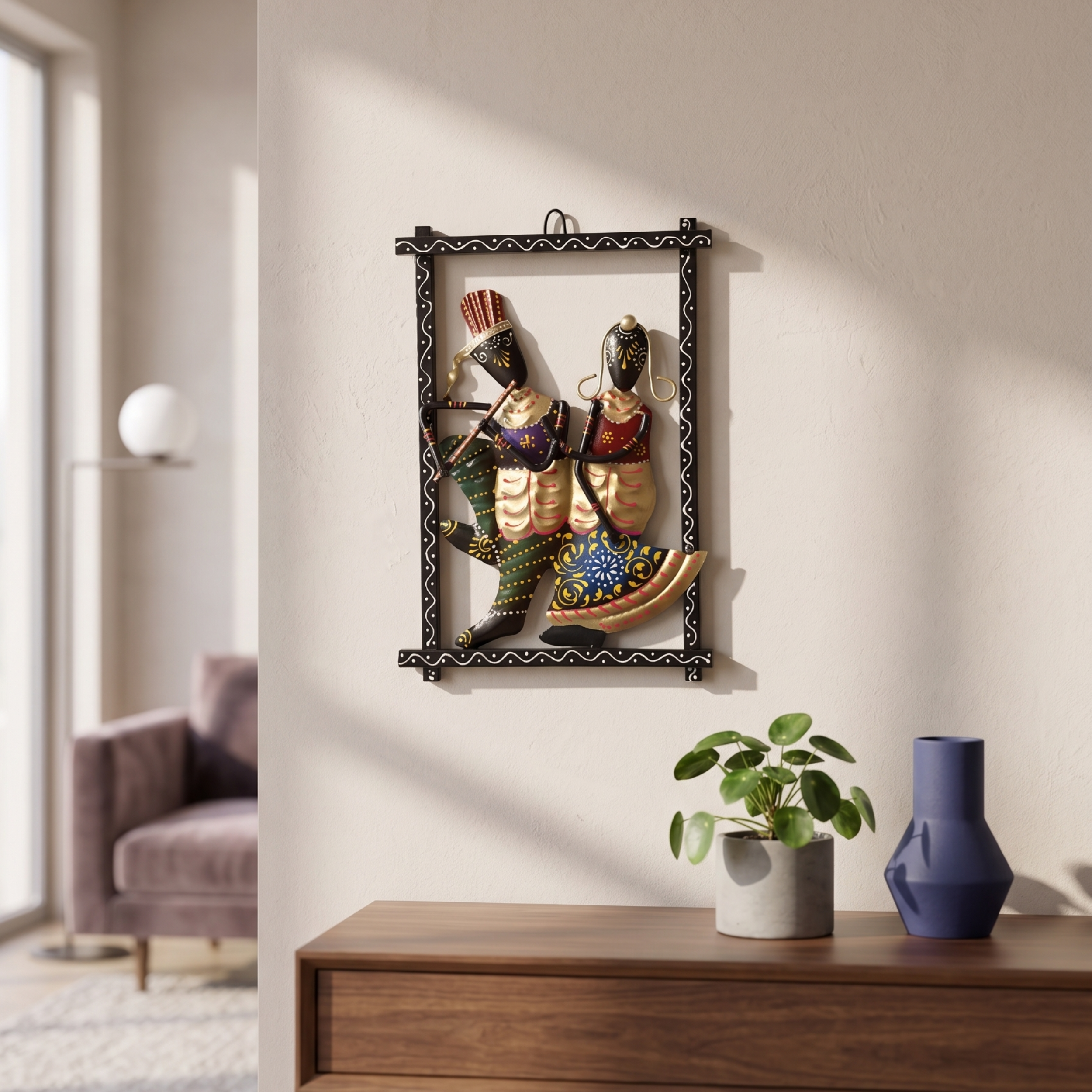 Handcrafted Radha Krishna Wall Frame – Tribal Metal Wall Art for Home Decor & Gifting | Gulabi Craft