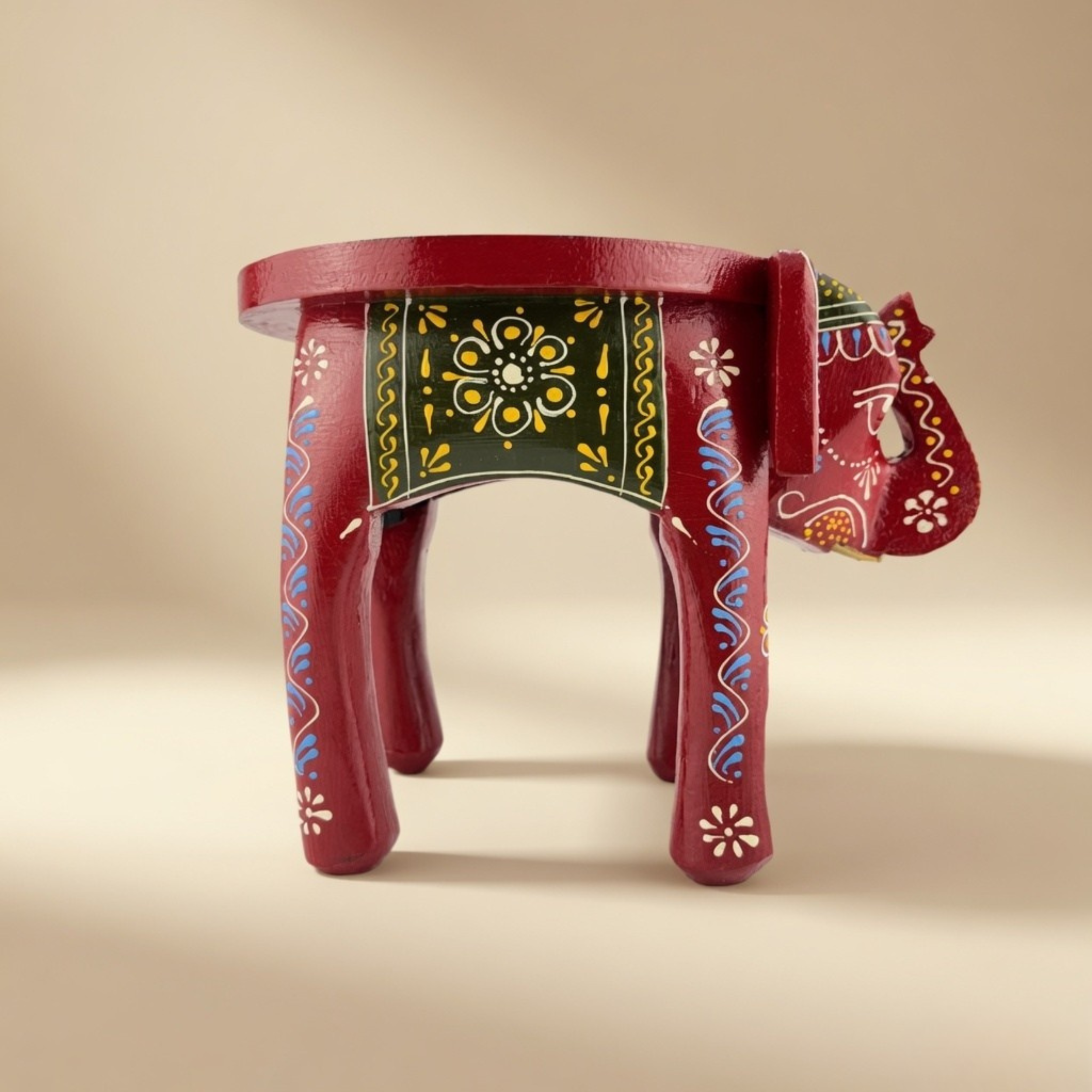 Gulabi Craft Handcrafted Red Wooden Elephant Stool (6-Inch) – Traditional Indian Hand-Painted Table Decor & Festive Gift Item
