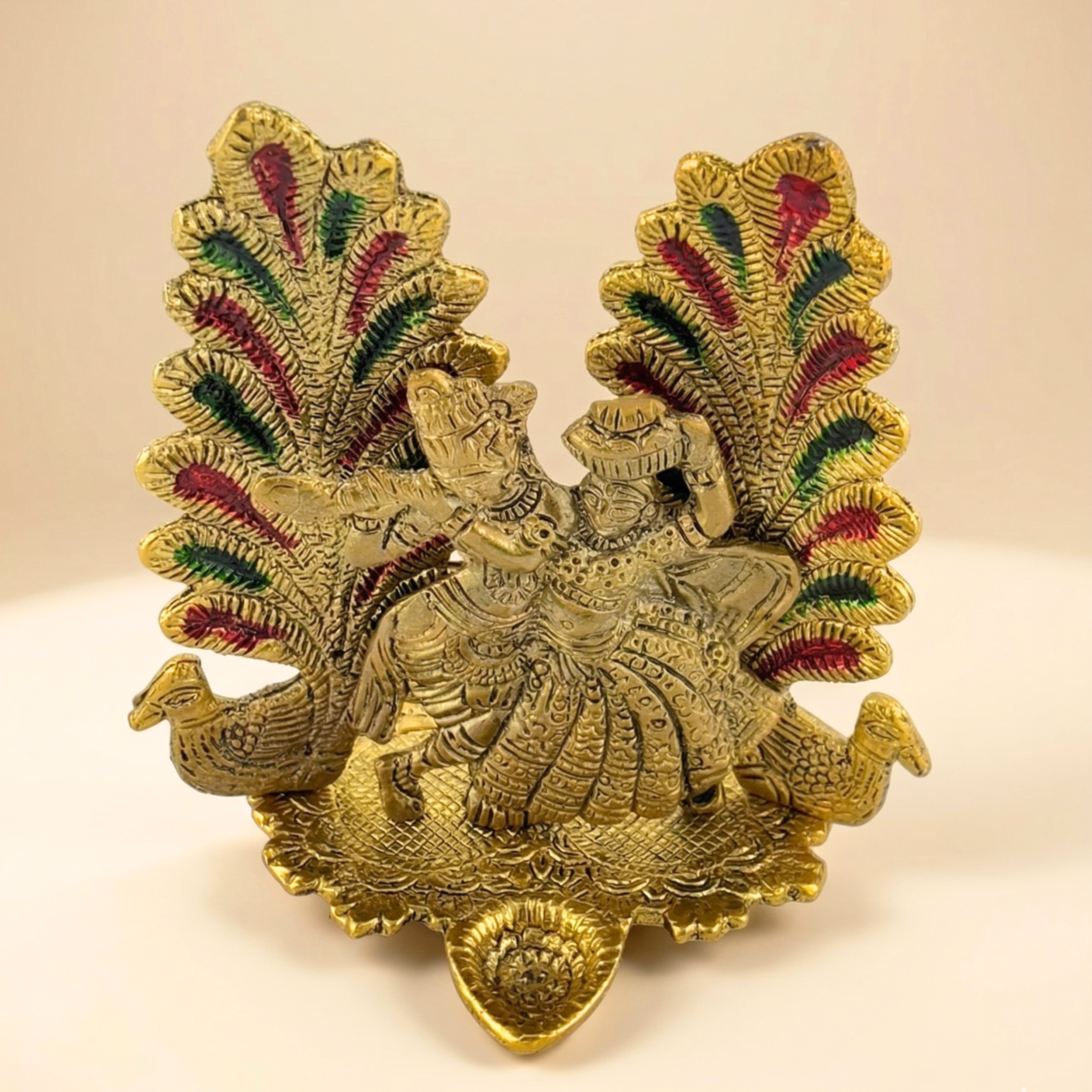 Gulabi Craft Handcrafted Mor Pankh Radha Krishna Idol with Diya – Antique Gold Metal Decor Premium Gift Item