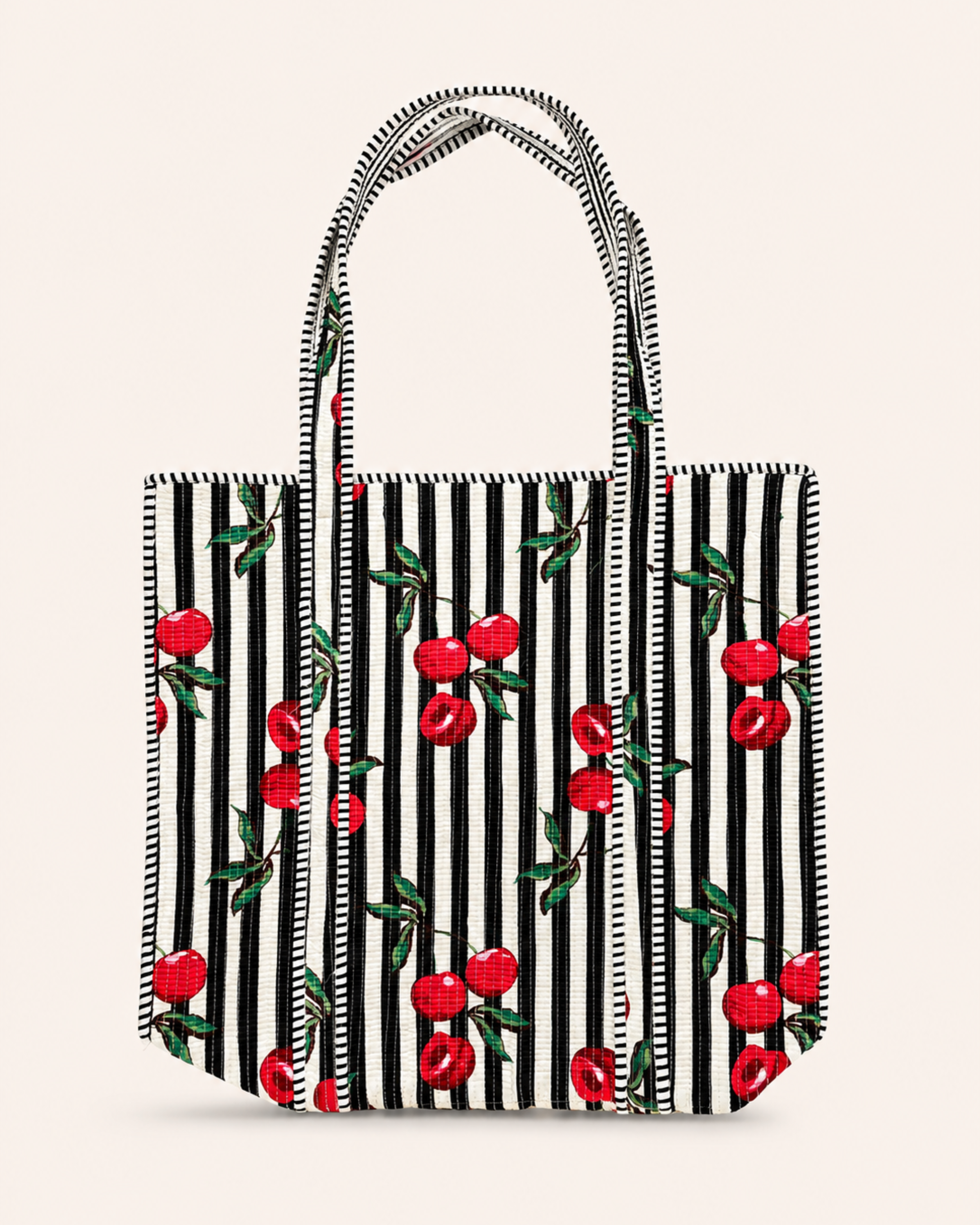 Midnight Black Stripe Red Cherry Handcrafted Quilted Canvas Tote Bag with Inner Pocket for Travel | Gulabi Craft