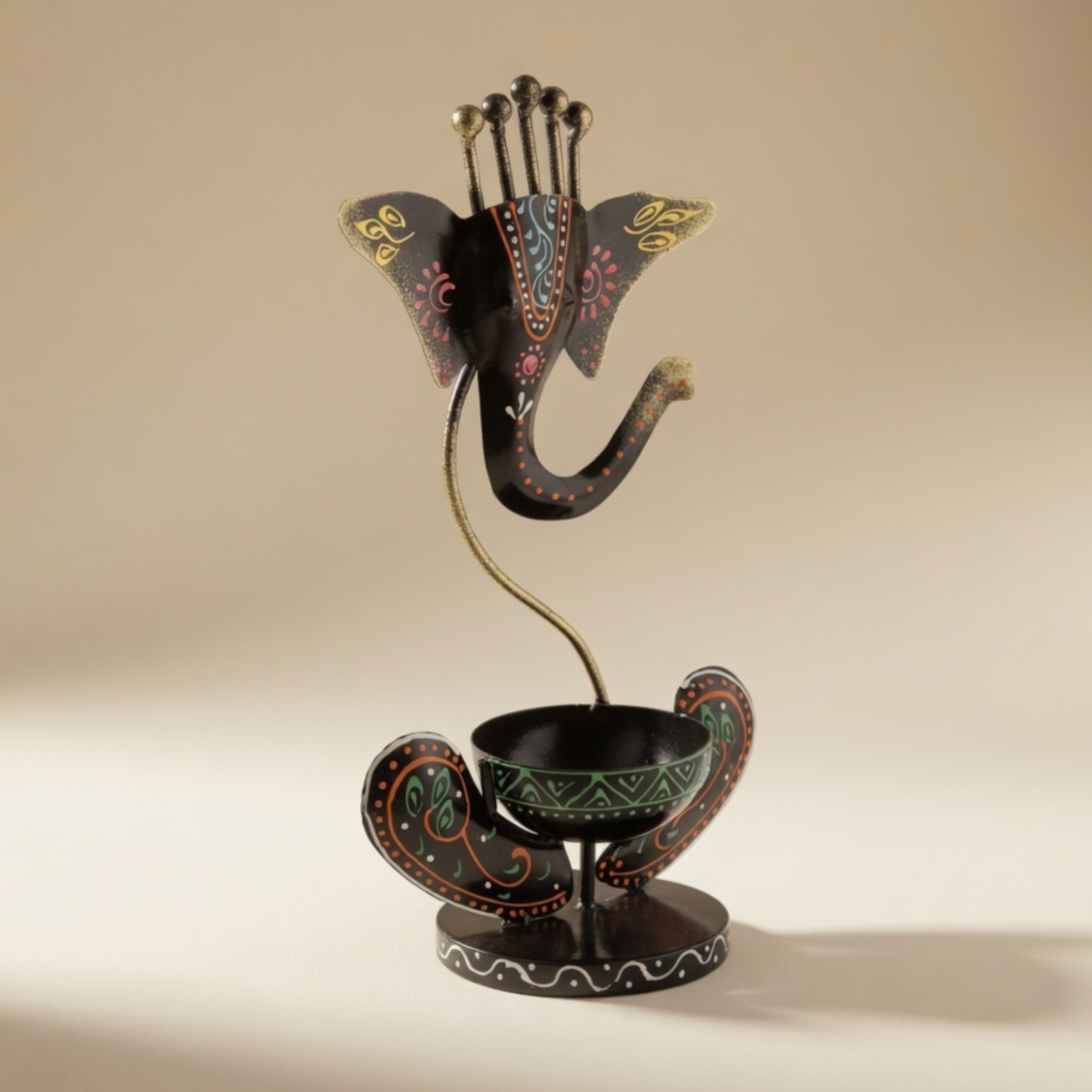 Handcrafted Ganesha Tea Light Holder – Black Metal Spiritual Table Decor & Gifting | Gulabi Craft
