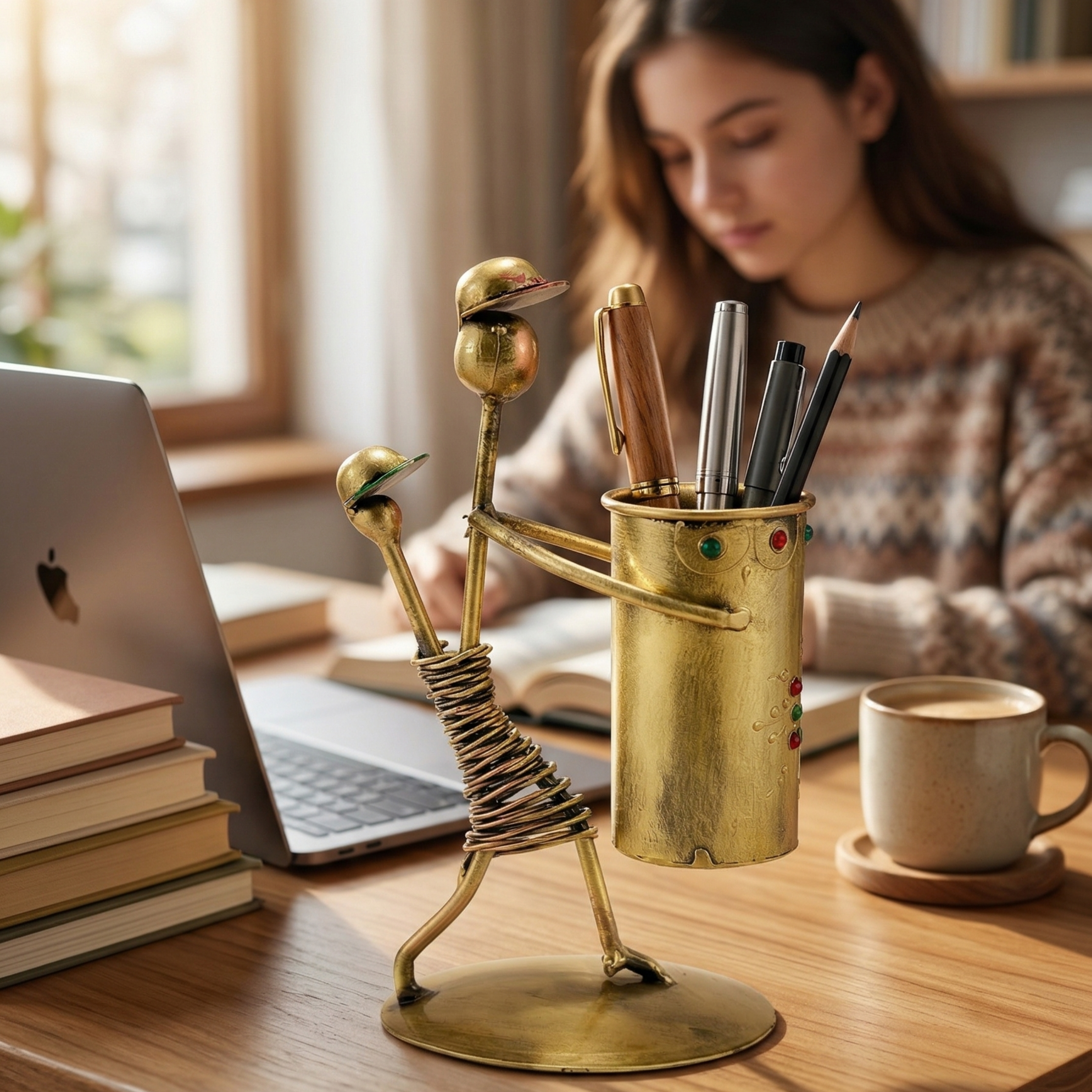 Handcrafted Lady Basket Pen Stand – Vintage Metal Table Organizer Home Decor Gift | Gulabi Craft