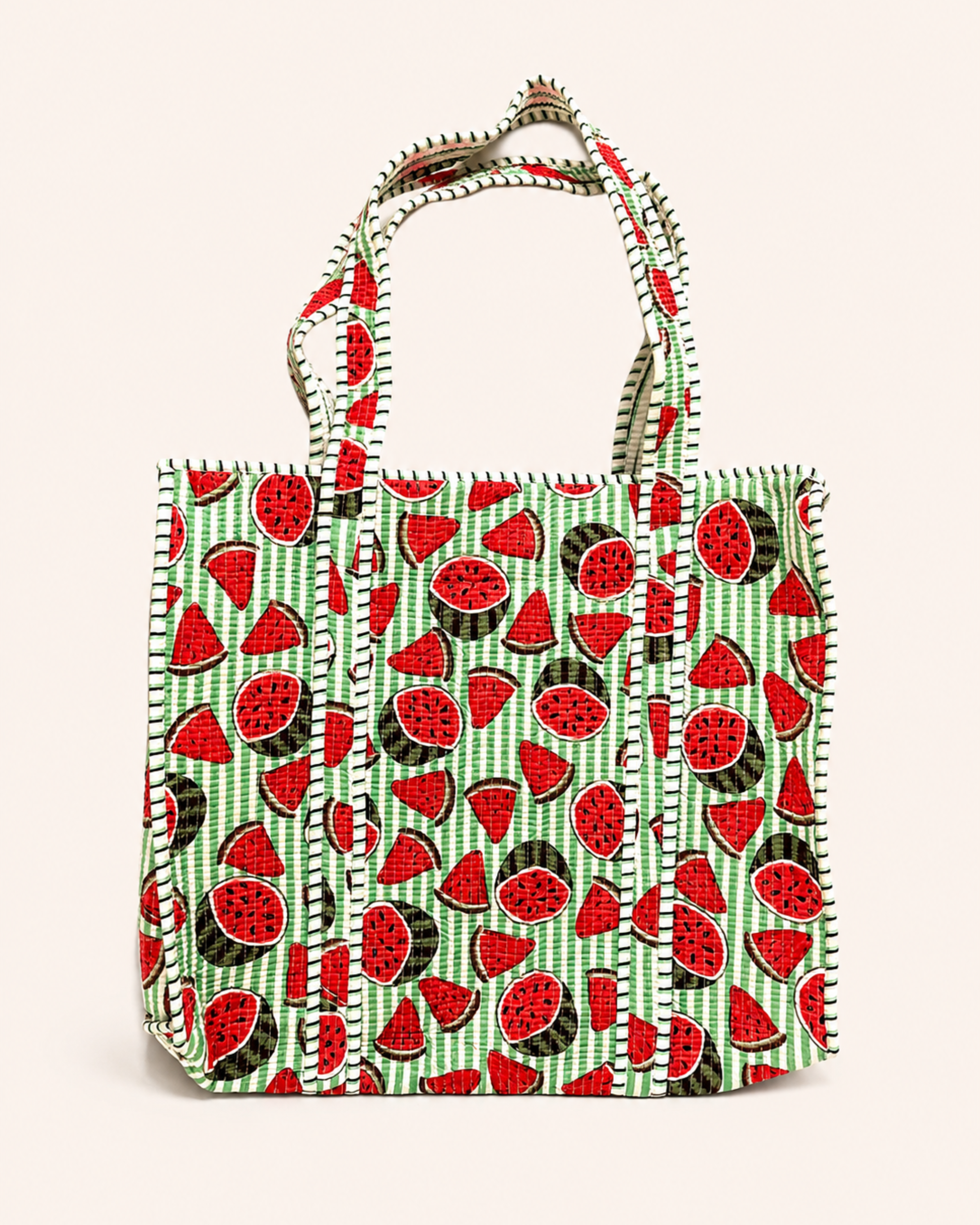 Mint Green Watermelon Quilted Canvas Tote Bag | Handcrafted Cotton Shoulder Bag with Inner Pocket