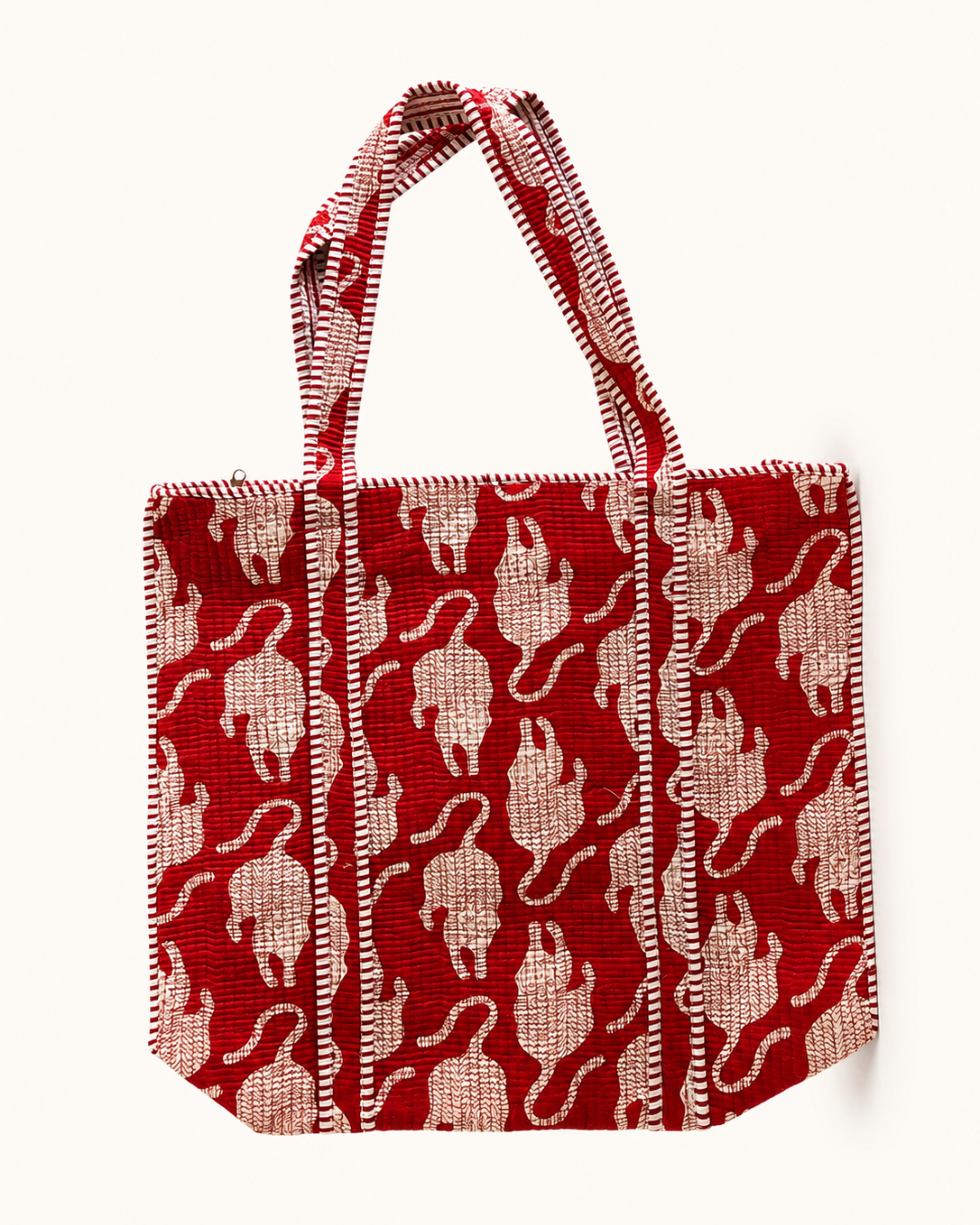 Crimson Red Stylized Tiger Print Handcrafted Quilted Canvas Tote Bag with Inner Pocket for Travel | Gulabi Craft