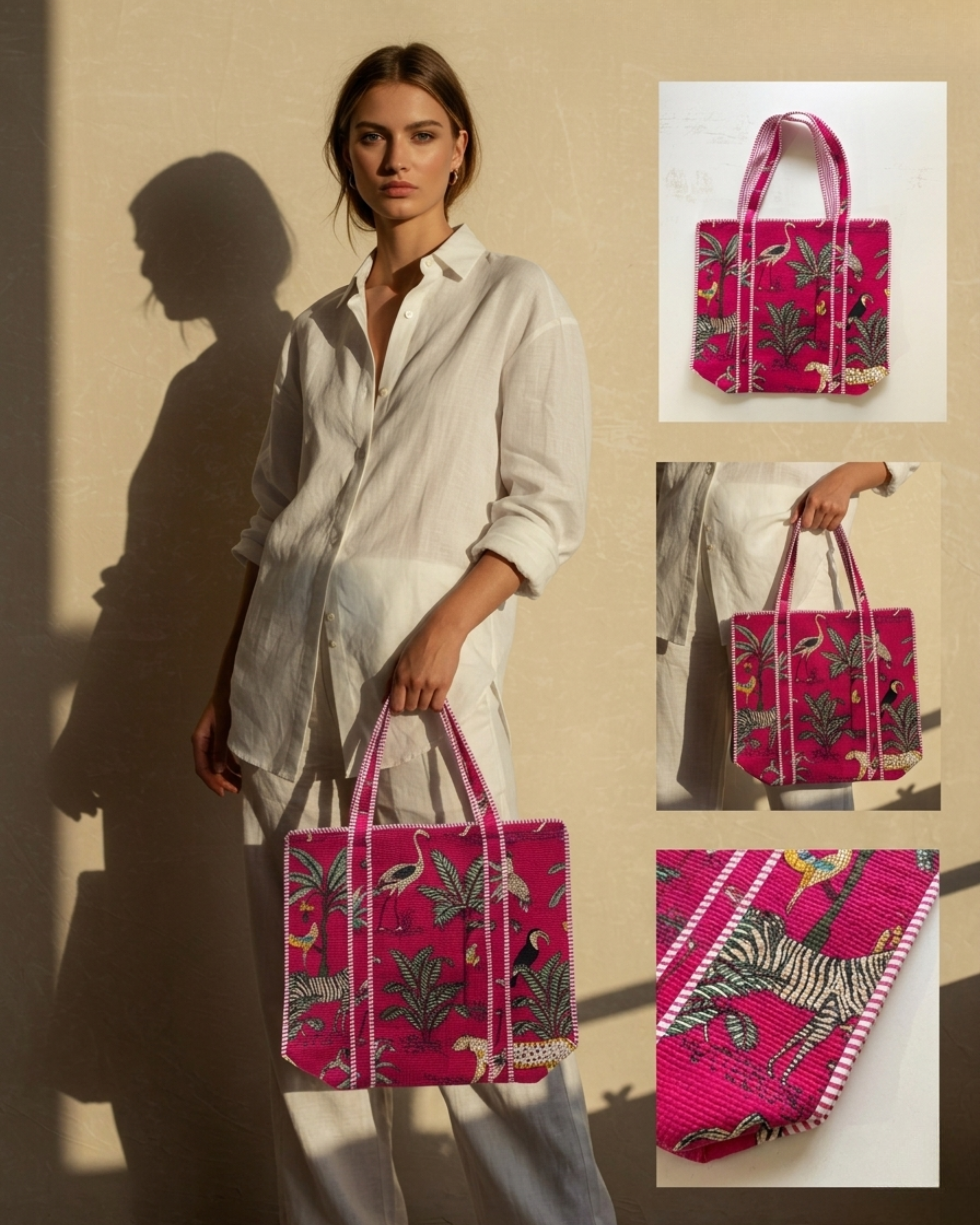 Fuchsia Pink Tropical Safari Quilted Canvas Tote Bag | Handcrafted Cotton Shoulder Bag with Inner Pocket | Gulabi Craft