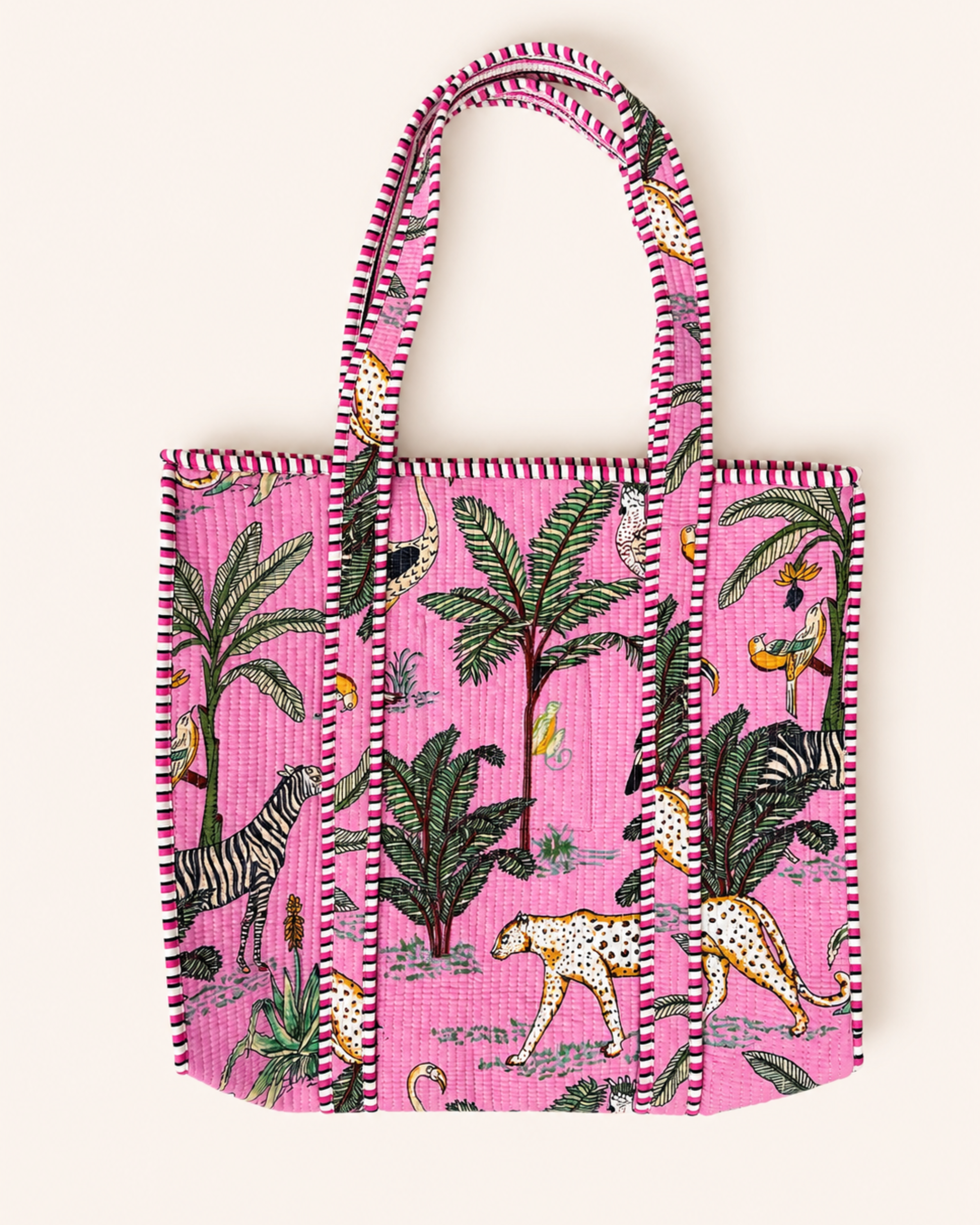 Blossom Pink Exotic Safari Quilted Canvas Tote Bag | Handcrafted Cotton Shoulder Bag with Inner Pocket | Gulabi Craft