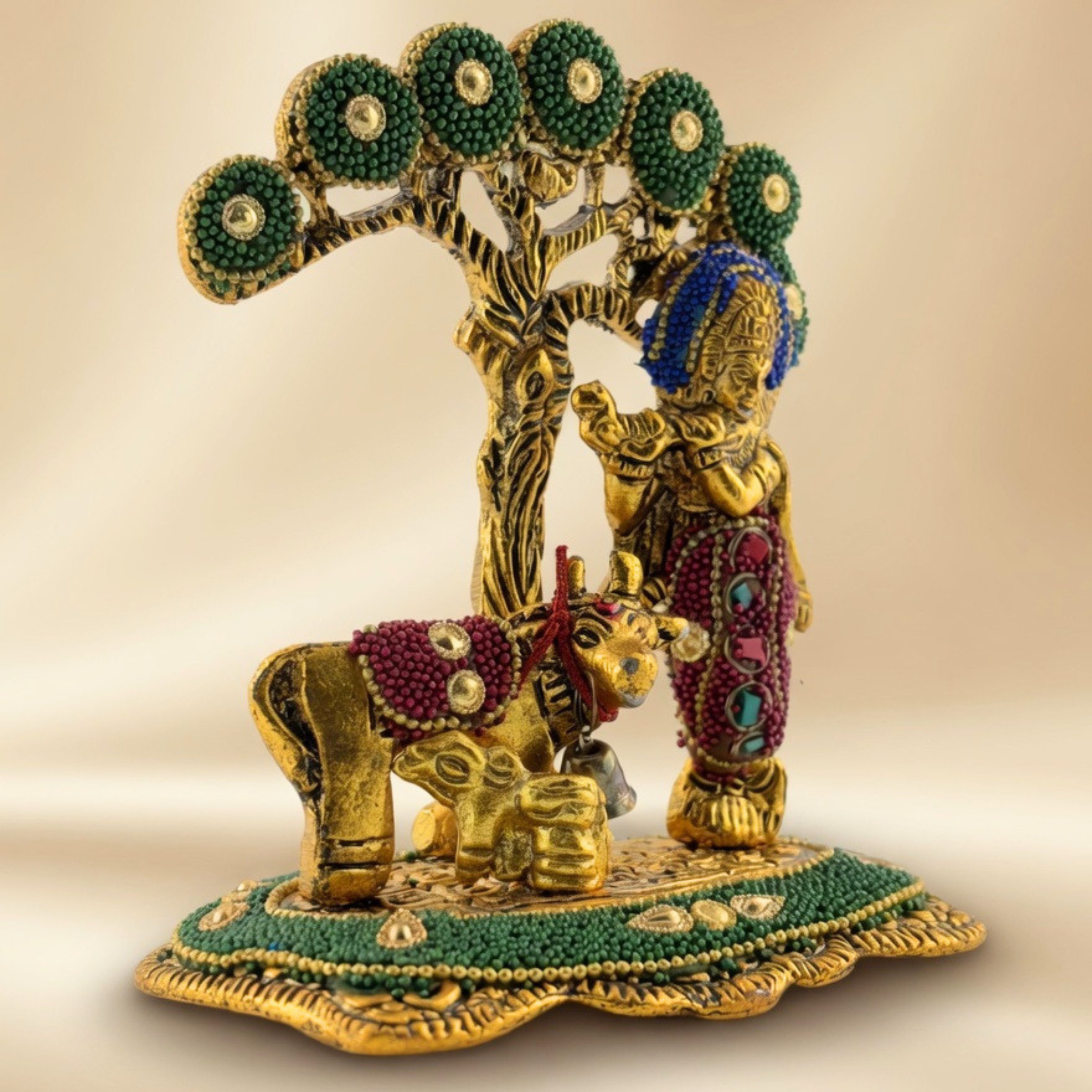Gulabi Craft Handcrafted Stone Kadam Krishna with Cow Idol – Antique Gold Finish Table Decor & Premium Gift Item