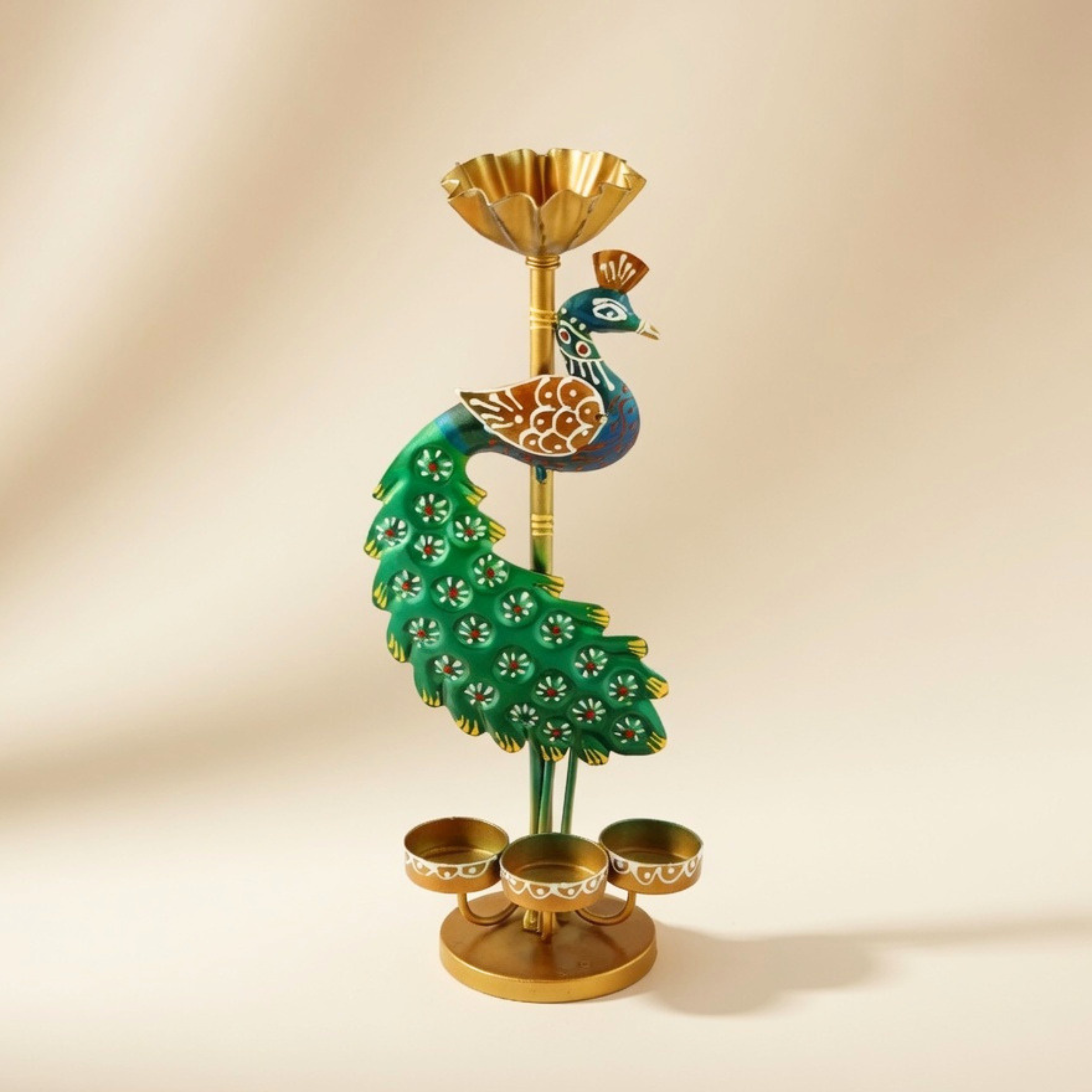 Handcrafted Peacock Triple T-Light Candle Holder for Home Decor & Festive Gifting | Gulabi Craft