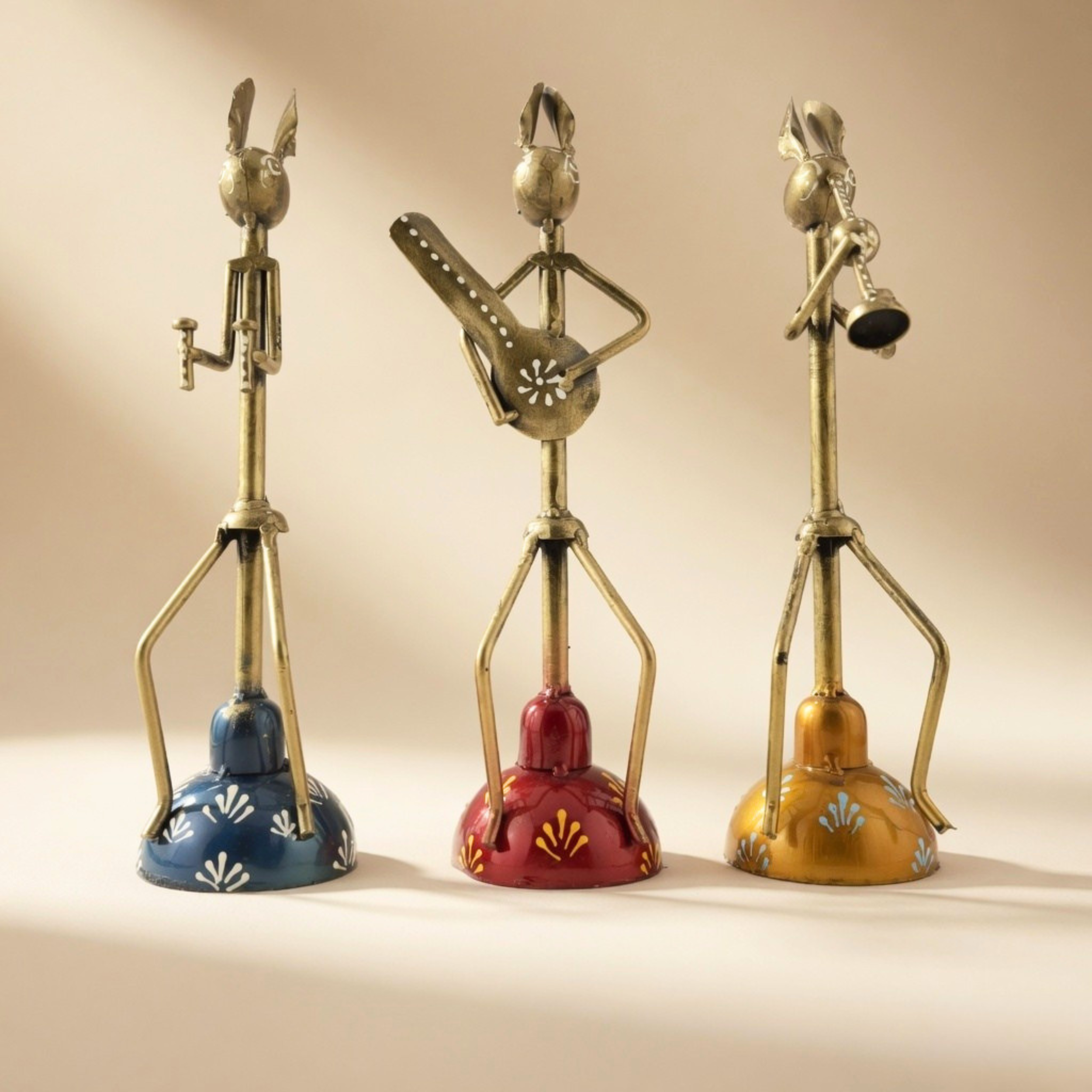Handmade Metal Tribal Musician Figurines Set of 3 | Folk Art Home Decor