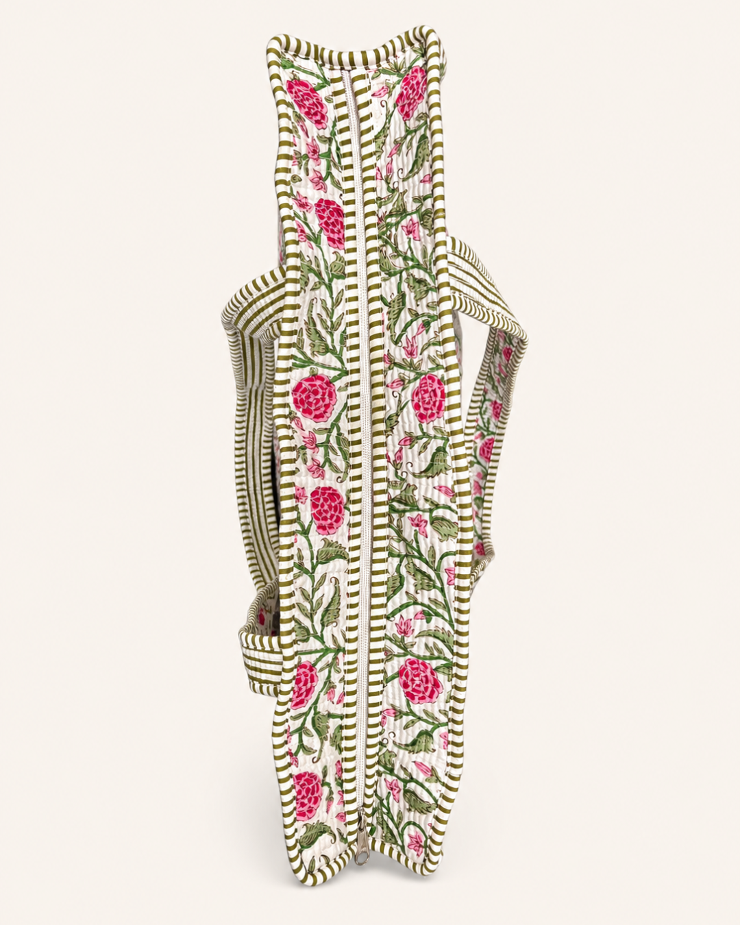 Olive Green Vintage Floral Quilted Canvas Tote Bag | Handcrafted Cotton Shoulder Bag with Inner Pocket | Gulabi Craft