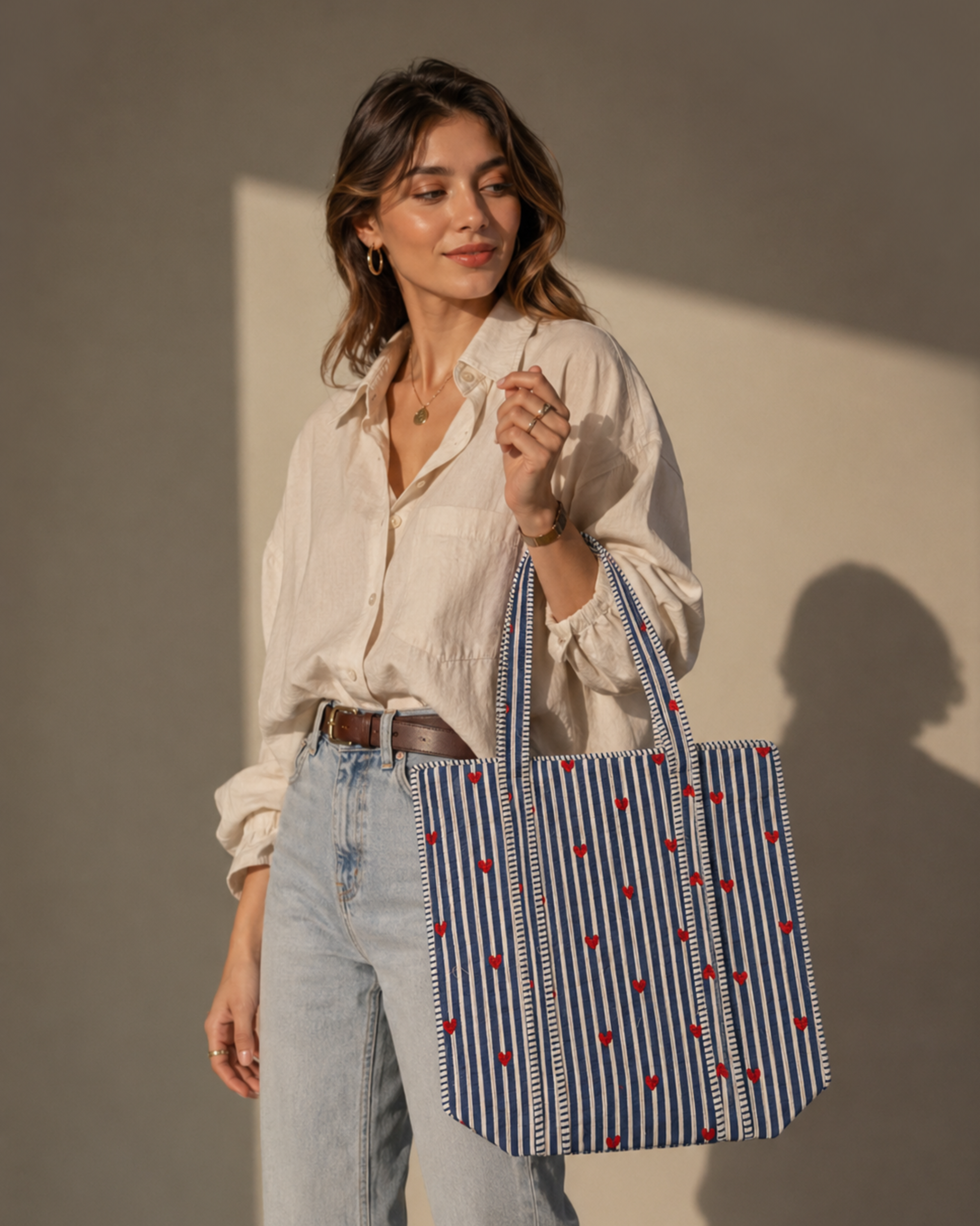 Navy Blue Stripe Red Heart Quilted Canvas Tote Bag | Handcrafted Cotton Shoulder Bag with Inner Pocket | Gulabi Craft