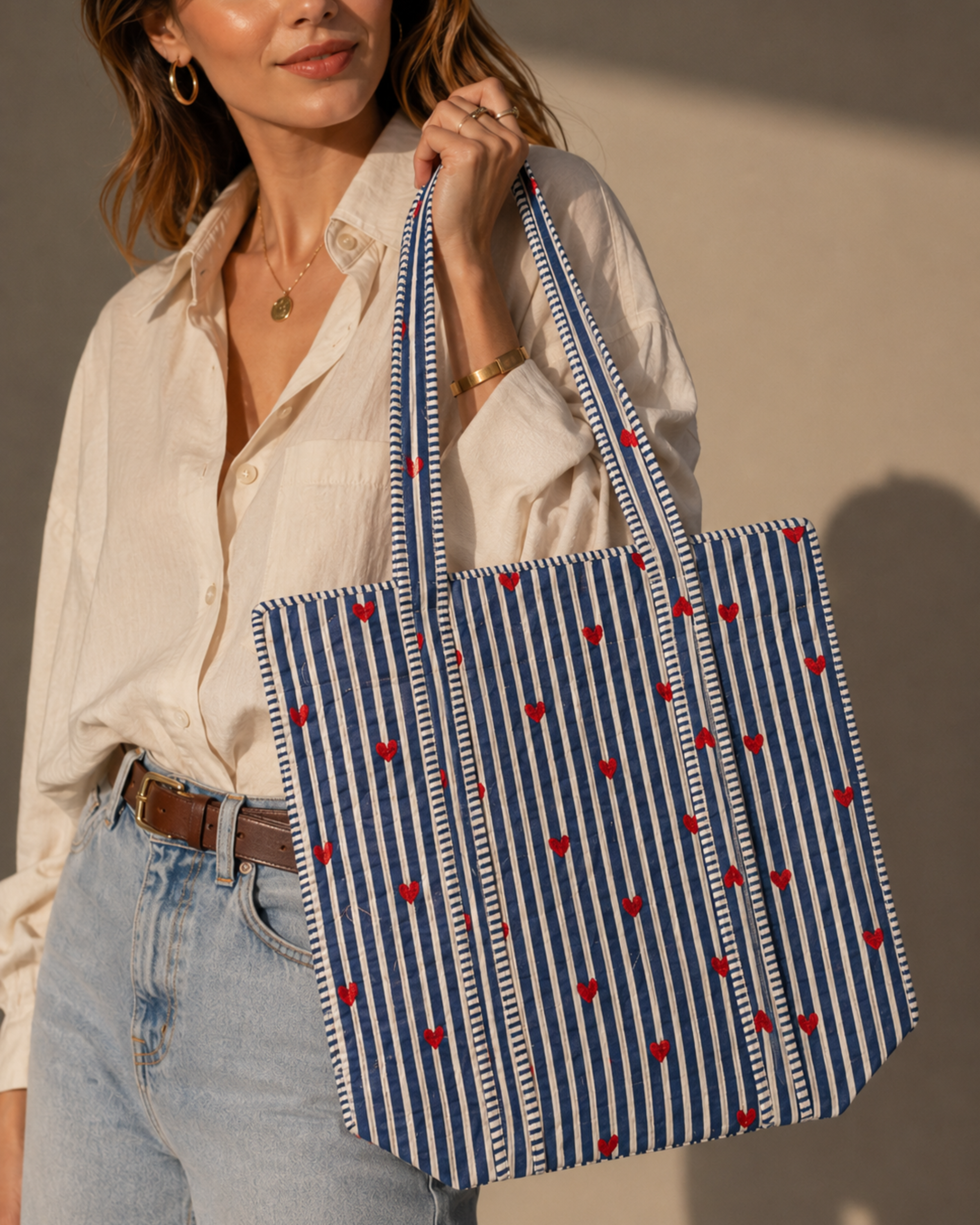 Navy Blue Stripe Red Heart Quilted Canvas Tote Bag | Handcrafted Cotton Shoulder Bag with Inner Pocket | Gulabi Craft