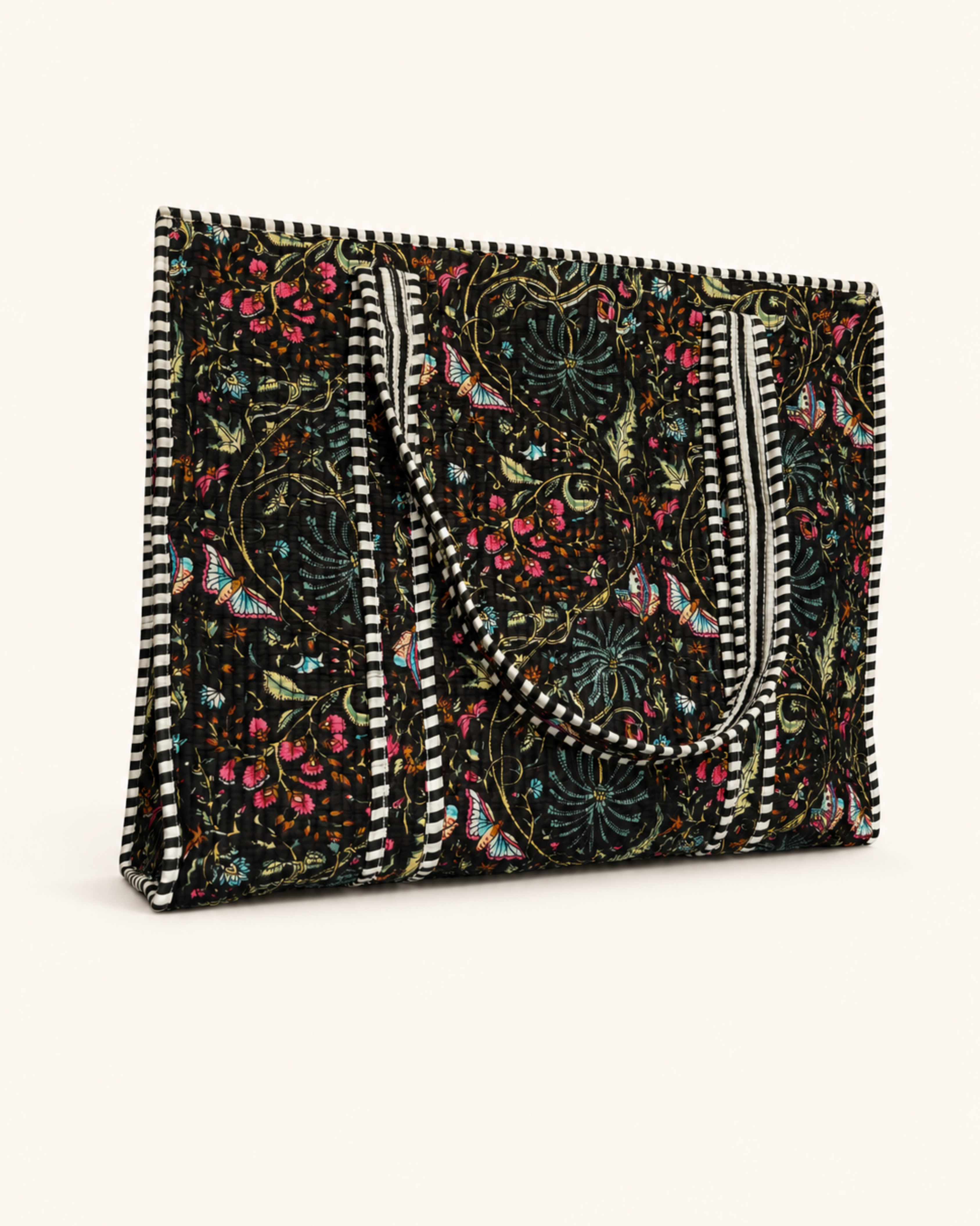 Handmade Quilted Tote Bag - Premium Floral Butterfly Print Shoulder Bag for Travel & Gifting | Gulabi Craft