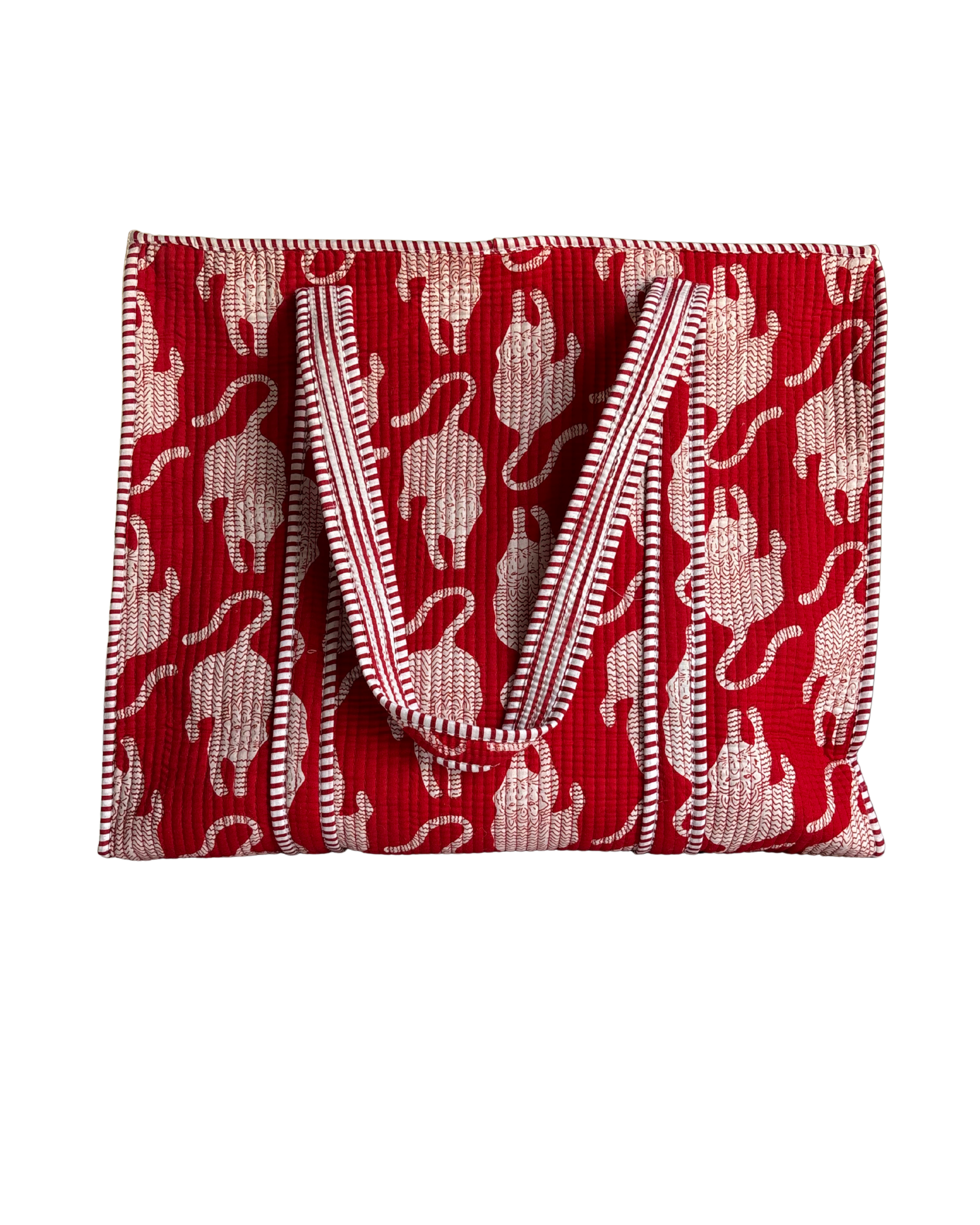 Crimson Red Stylized Tiger Print Handcrafted Quilted Canvas Tote Bag with Inner Pocket for Travel | Gulabi Craft