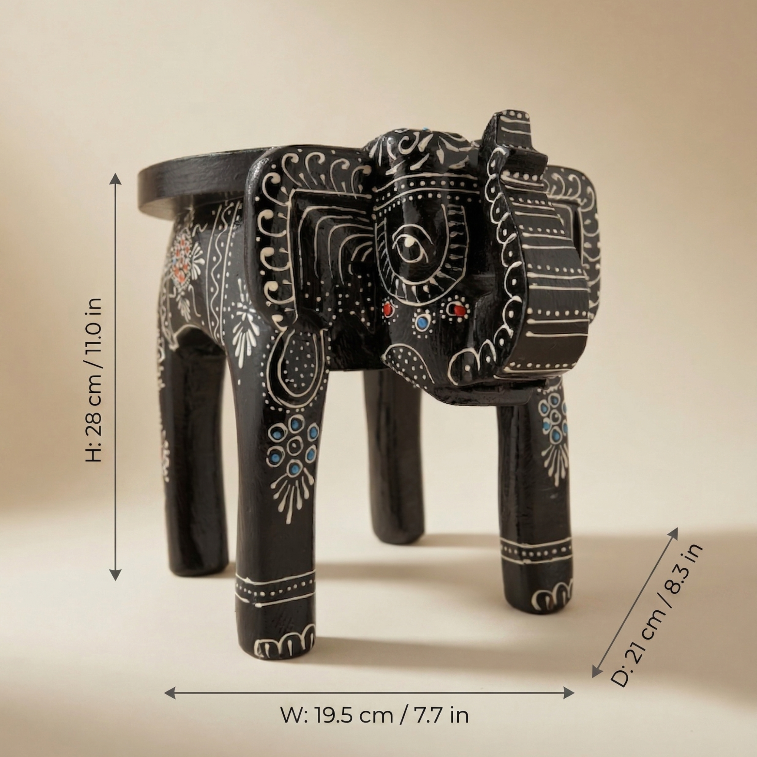 Gulabi Craft Handcrafted Wooden Elephant Stool (8-Inch) – Traditional Indian Painted Decorative Accent & Side Table