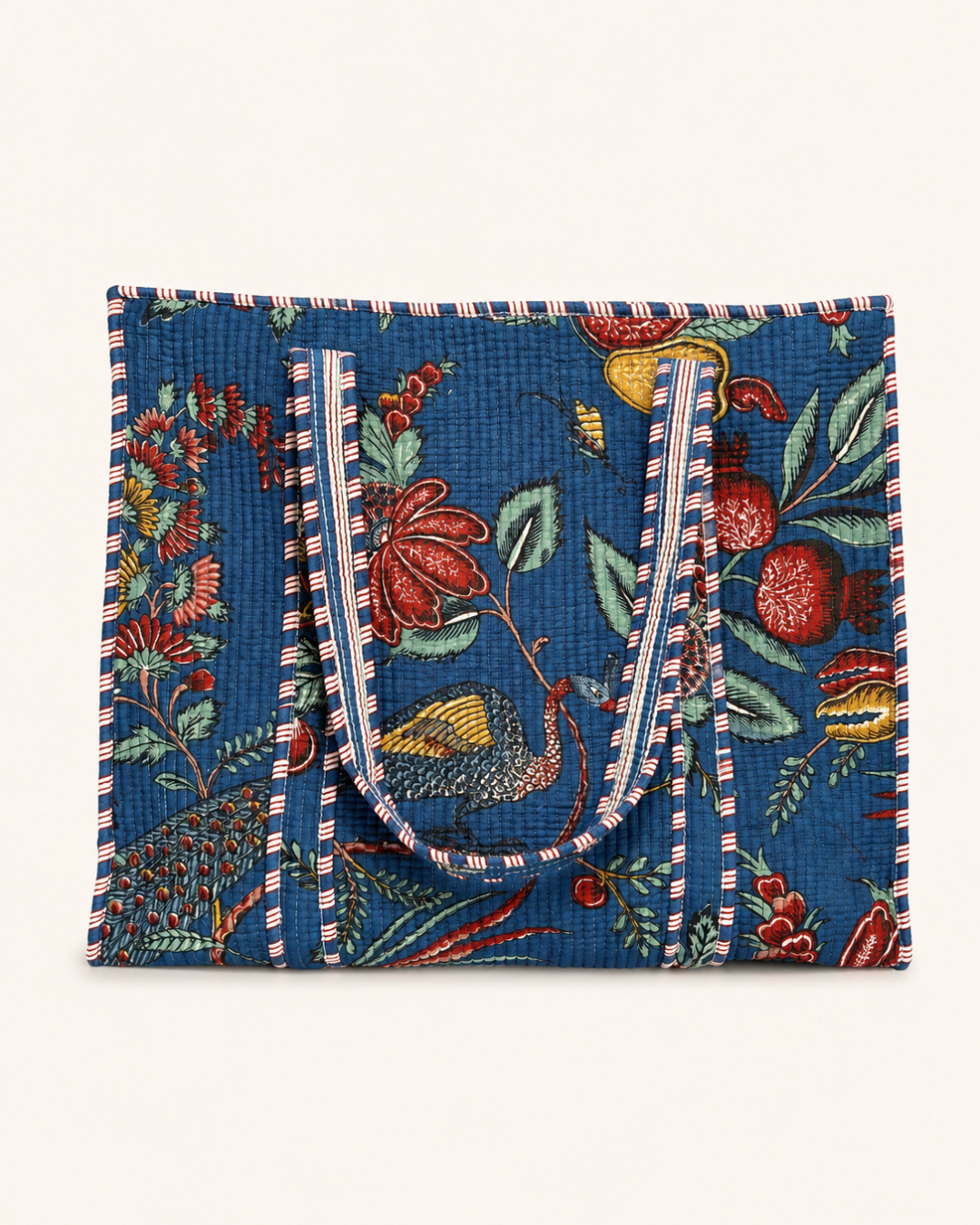Indigo Peacock Block Print Quilted Cotton Tote Bag | Large Handbag with Inner Pocket for Travel & Gifting | Gulabi Craft