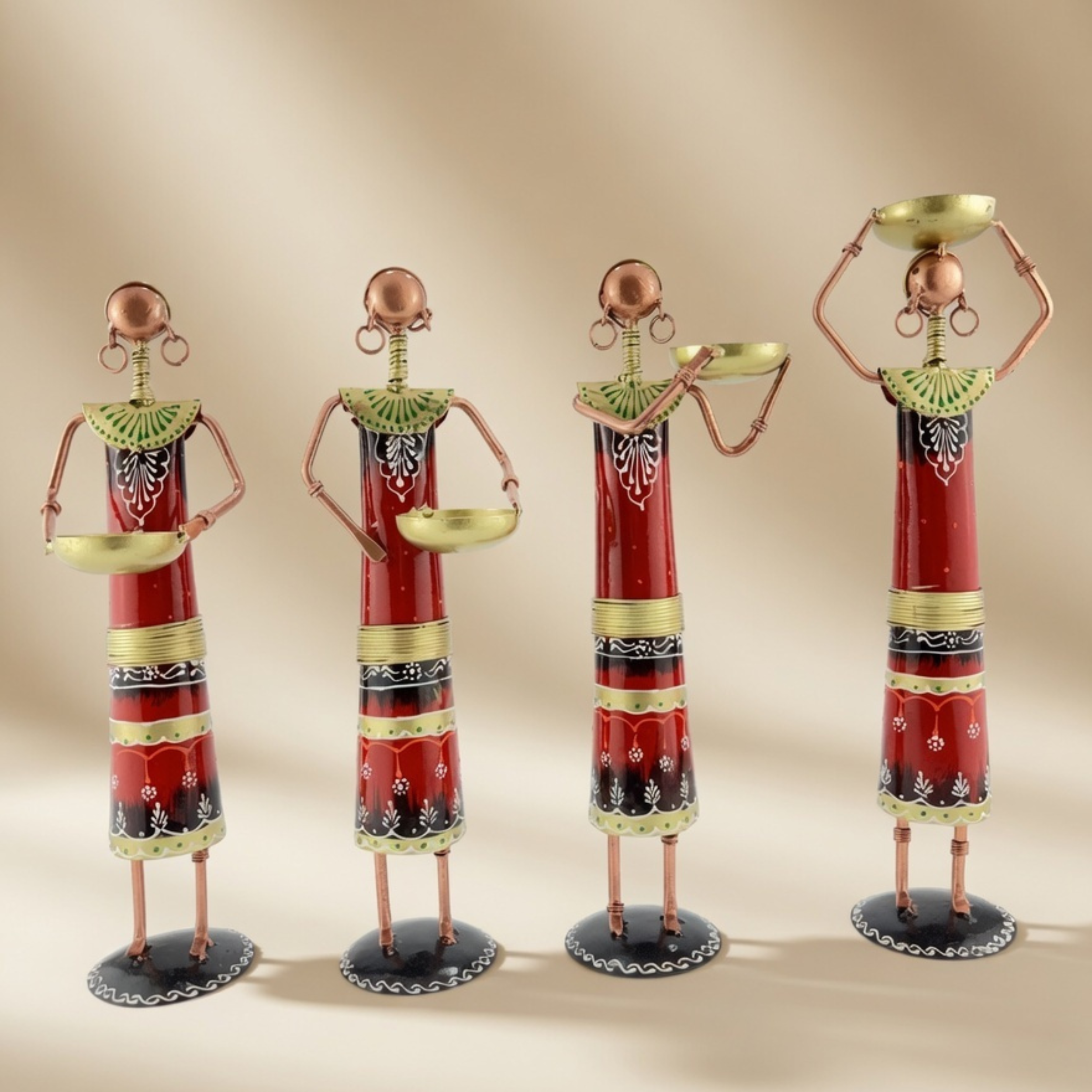 Handmade Tribal Lady Figurines Set – Metal Rajasthani Ethnic Home Decor (4 pcs)