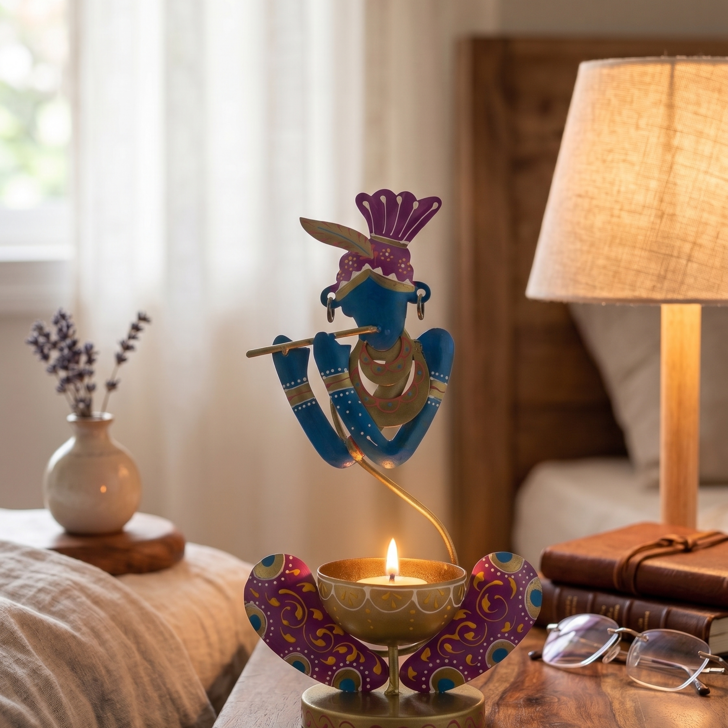 Handcrafted Murli Krishna T-Light Holder Blue – Metal Spiritual Home Decor Table Diya Stand | Gulabi Craft