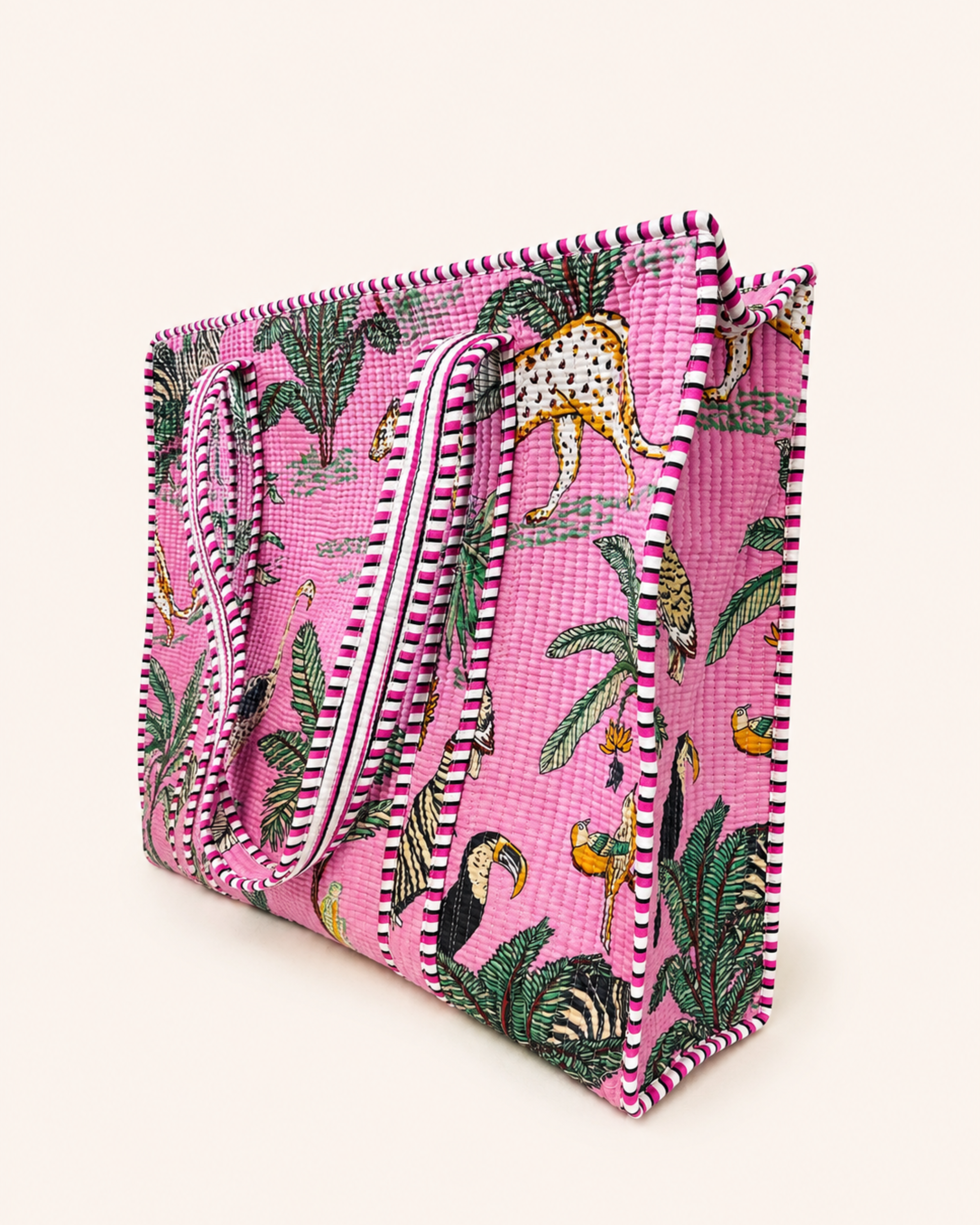 Blossom Pink Exotic Safari Quilted Canvas Tote Bag | Handcrafted Cotton Shoulder Bag with Inner Pocket | Gulabi Craft
