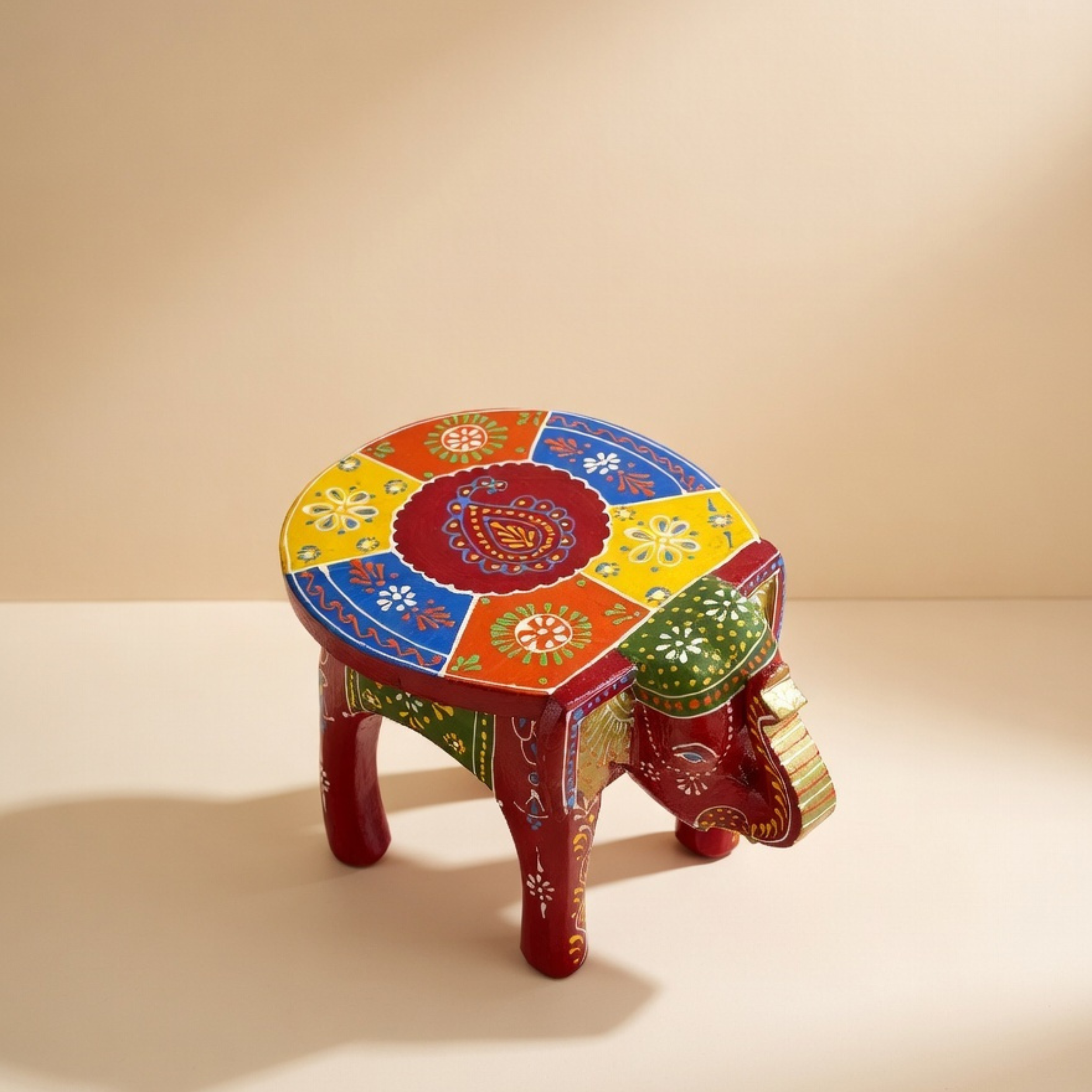 Gulabi Craft Premium Red Wooden Elephant Stool (8-Inch) – Hand-Painted Traditional Accent Table & Home Decor
