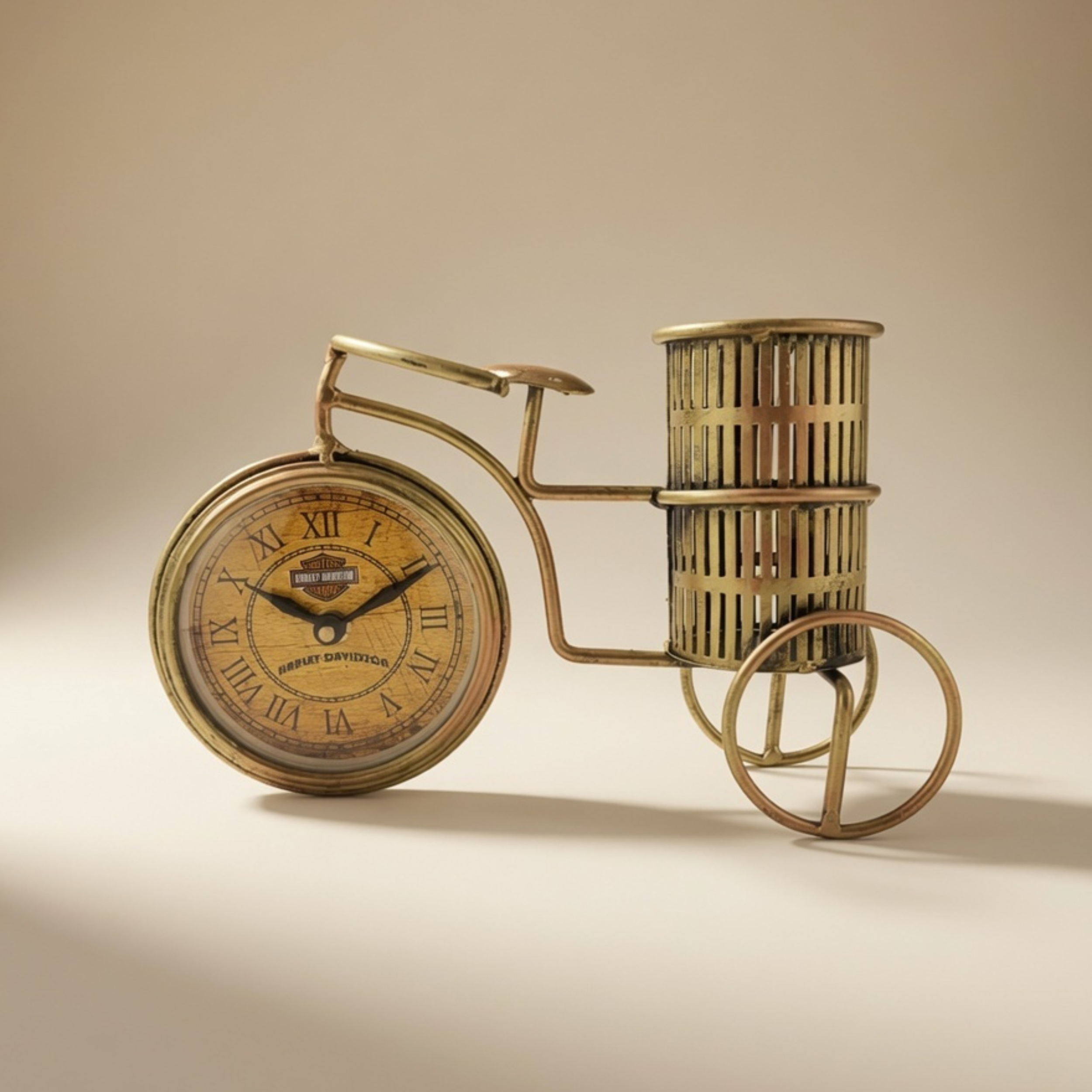 Handmade Vintage Bicycle Clock Pen Holder – Antique Metal Desk Decor | Gulabi Craft