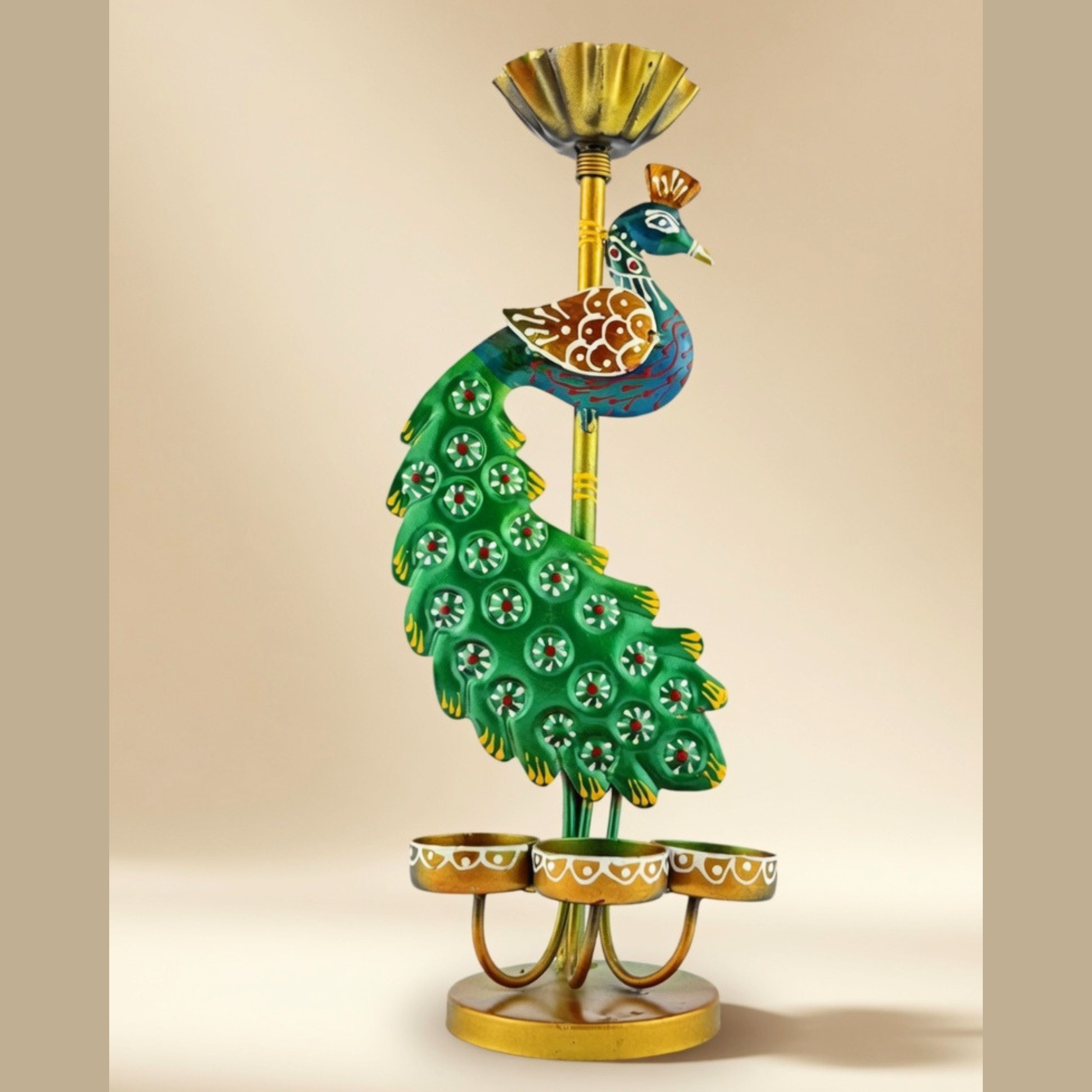 Handcrafted Peacock Triple T-Light Candle Holder for Home Decor & Festive Gifting | Gulabi Craft