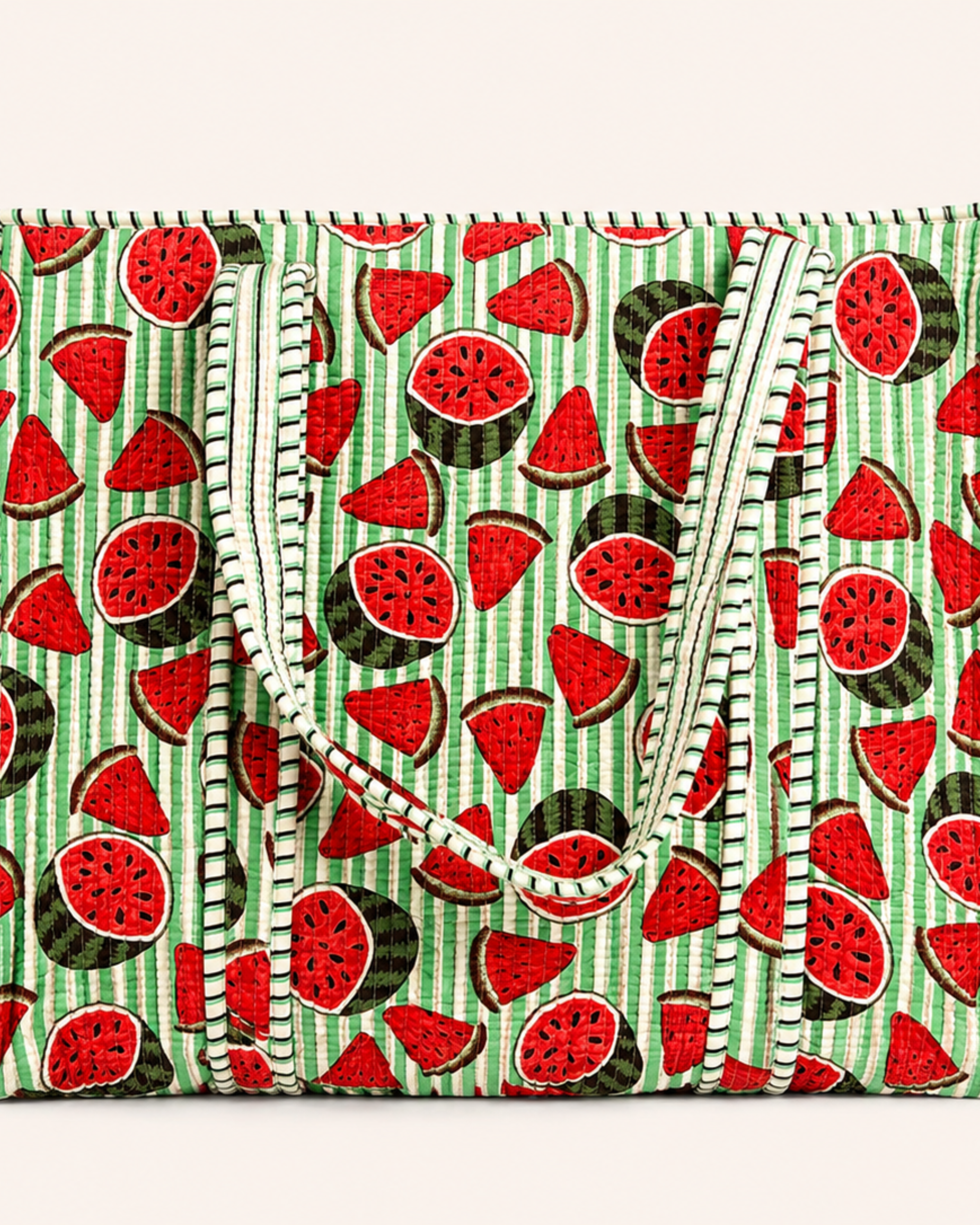 Mint Green Watermelon Quilted Canvas Tote Bag | Handcrafted Cotton Shoulder Bag with Inner Pocket