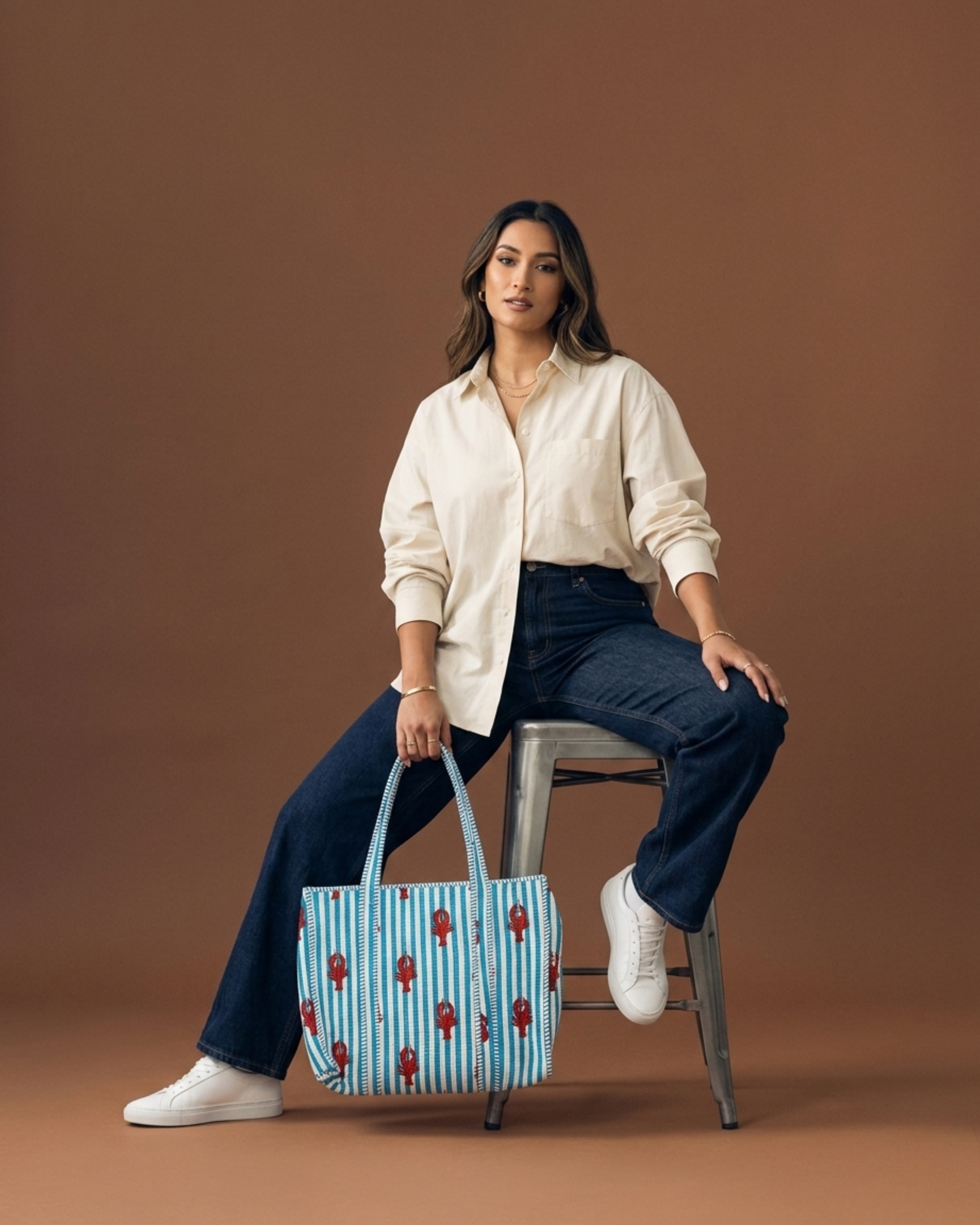 Ocean Blue Striped Red Lobster Quilted Canvas Tote Bag | Handcrafted Cotton Shoulder Bag for Travel & Shopping | Gulabi Craft