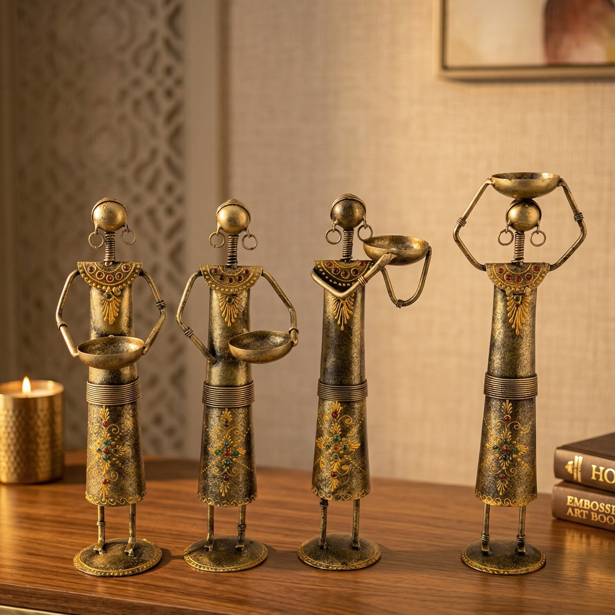 Handcrafted Labour Lady Showpiece Set of 4 – Vintage Metal Tribal Home Decor Table Figurines | Gulabi Craft
