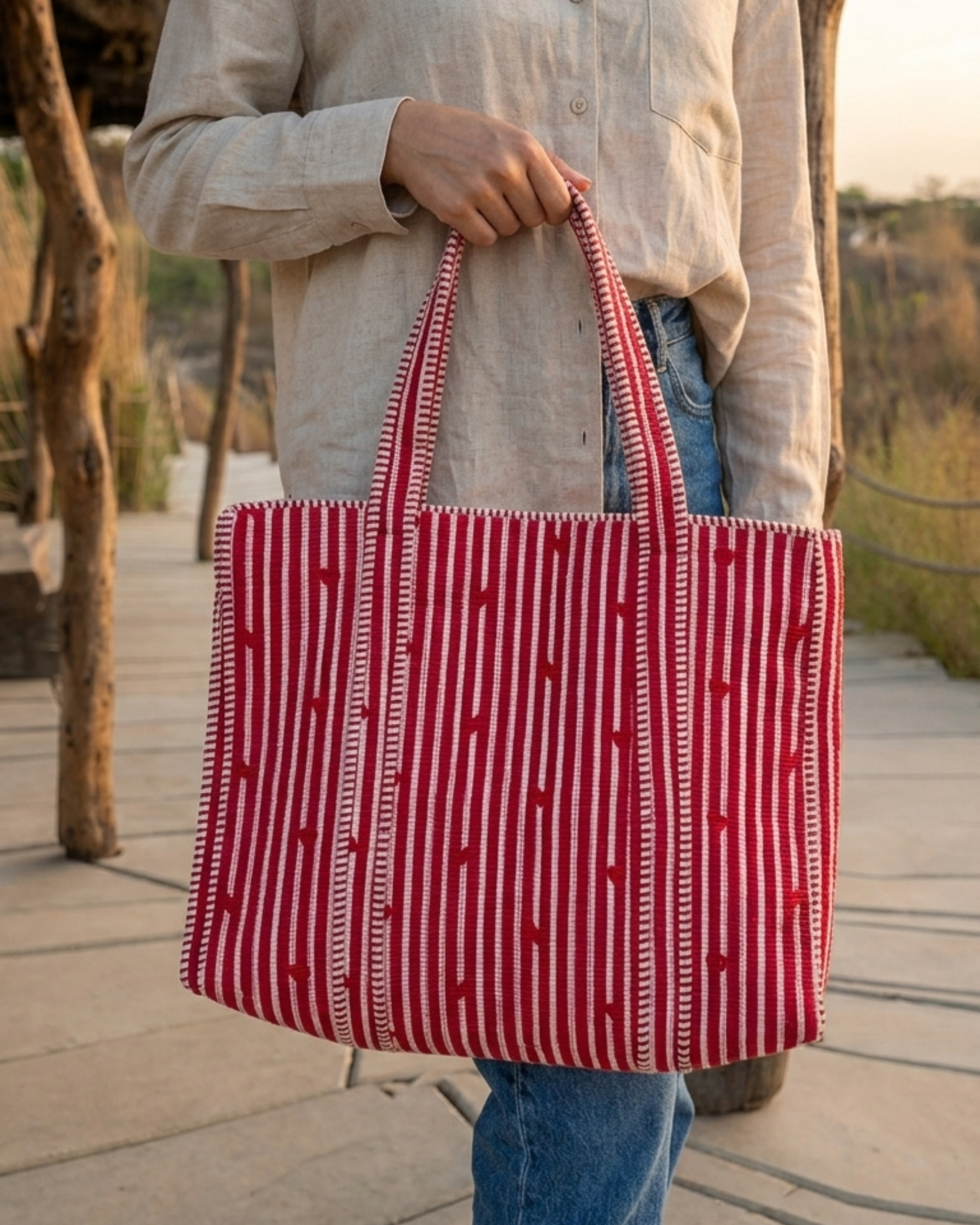 Red Stripe Red Heart Quilted Canvas Tote Bag | Handcrafted Cotton Shoulder Bag with Inner Pocket | Gulabi Craft