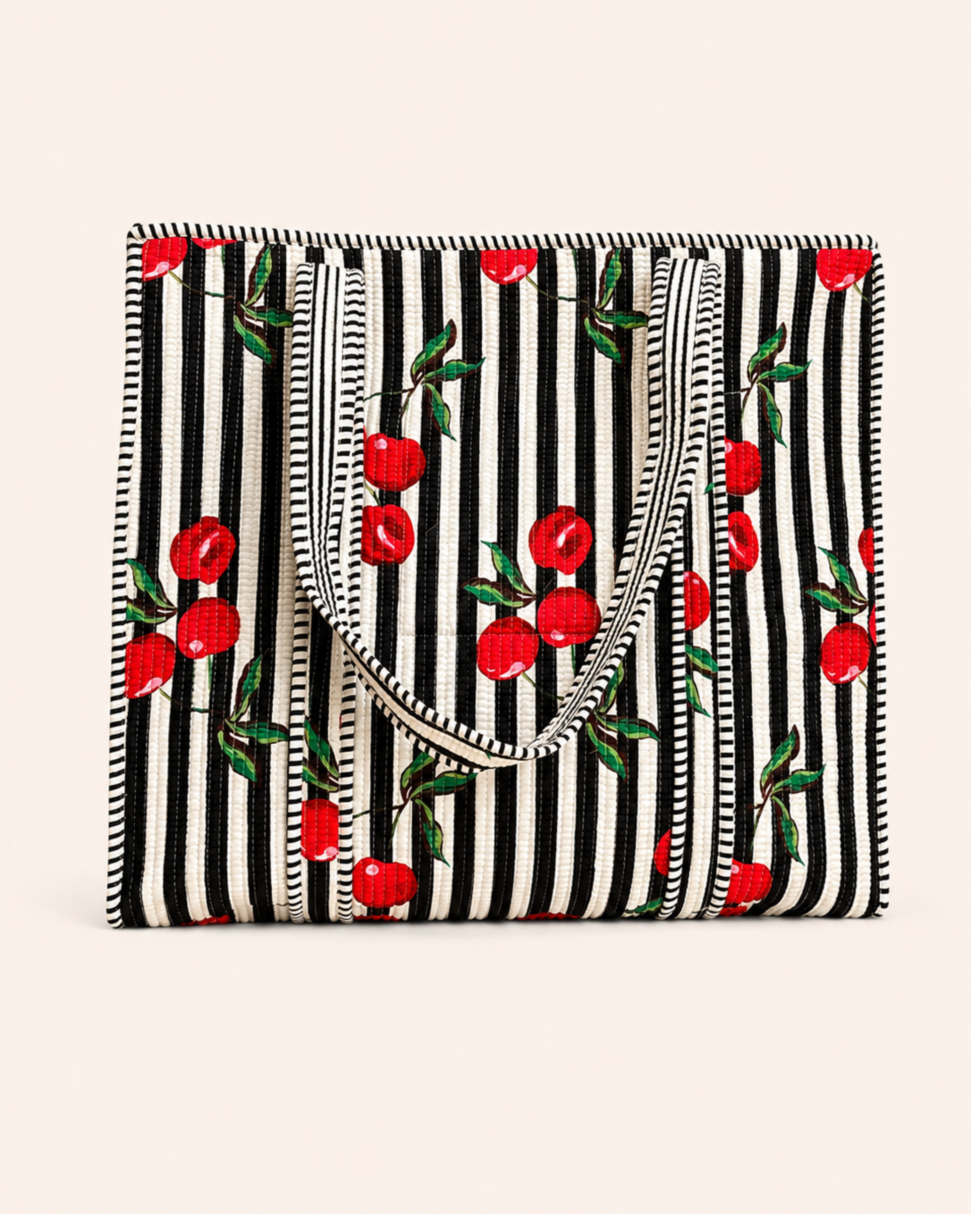 Midnight Black Stripe Red Cherry Handcrafted Quilted Canvas Tote Bag with Inner Pocket for Travel | Gulabi Craft