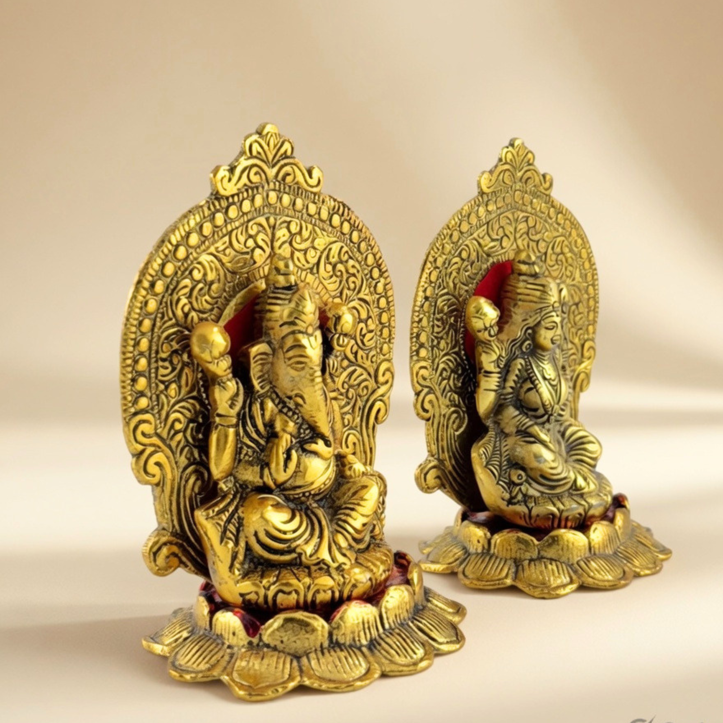Gulabi Craft Kamal Mehrab Laxmi Ganesha Idol Set – Antique Gold Finish Pooja Room Decor & Auspicious Gift Item