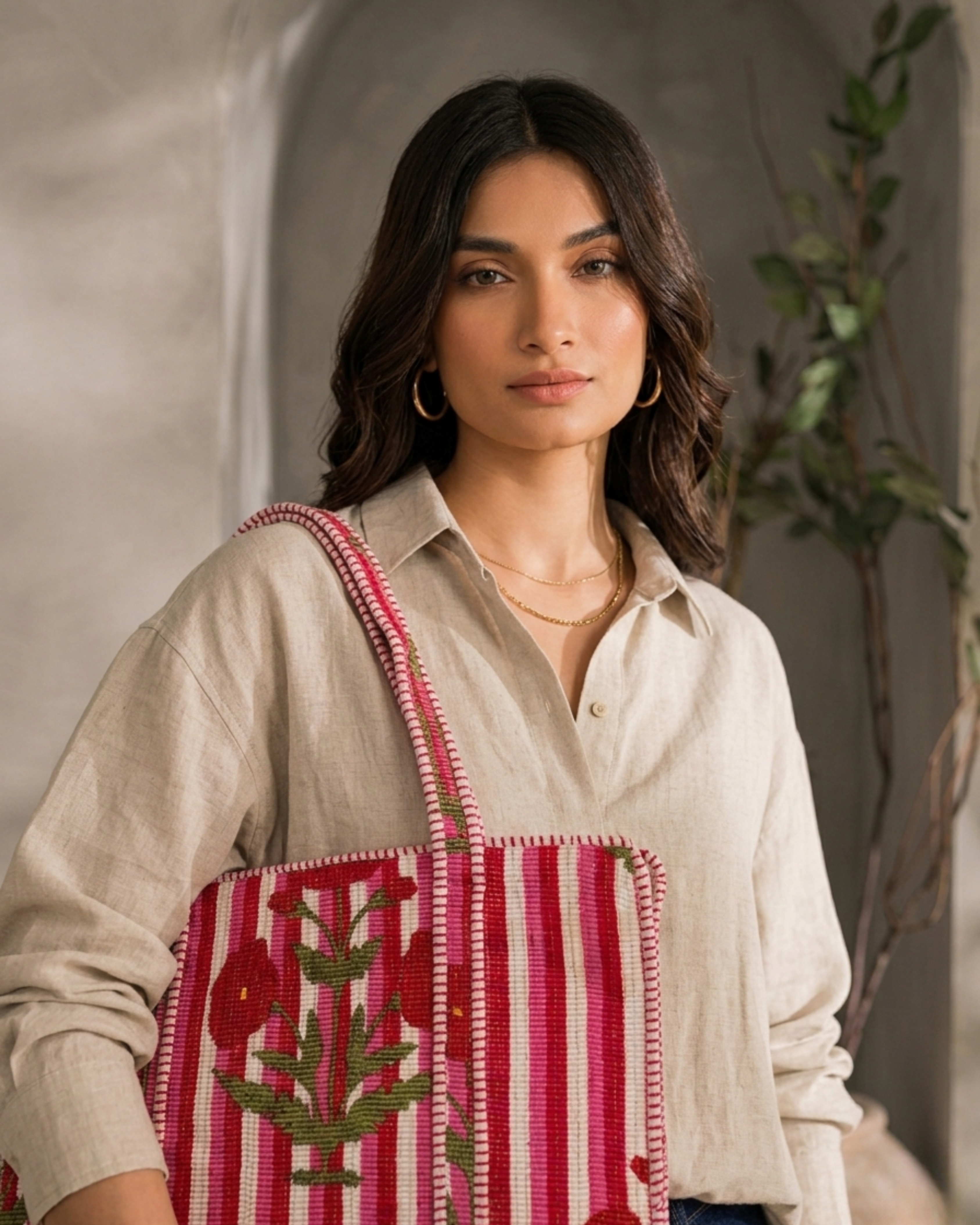 Pink Candy Stripe Red Poppy Quilted Canvas Tote Bag | Handcrafted Cotton Shoulder Bag with Inner Pocket | Gulabi Craft